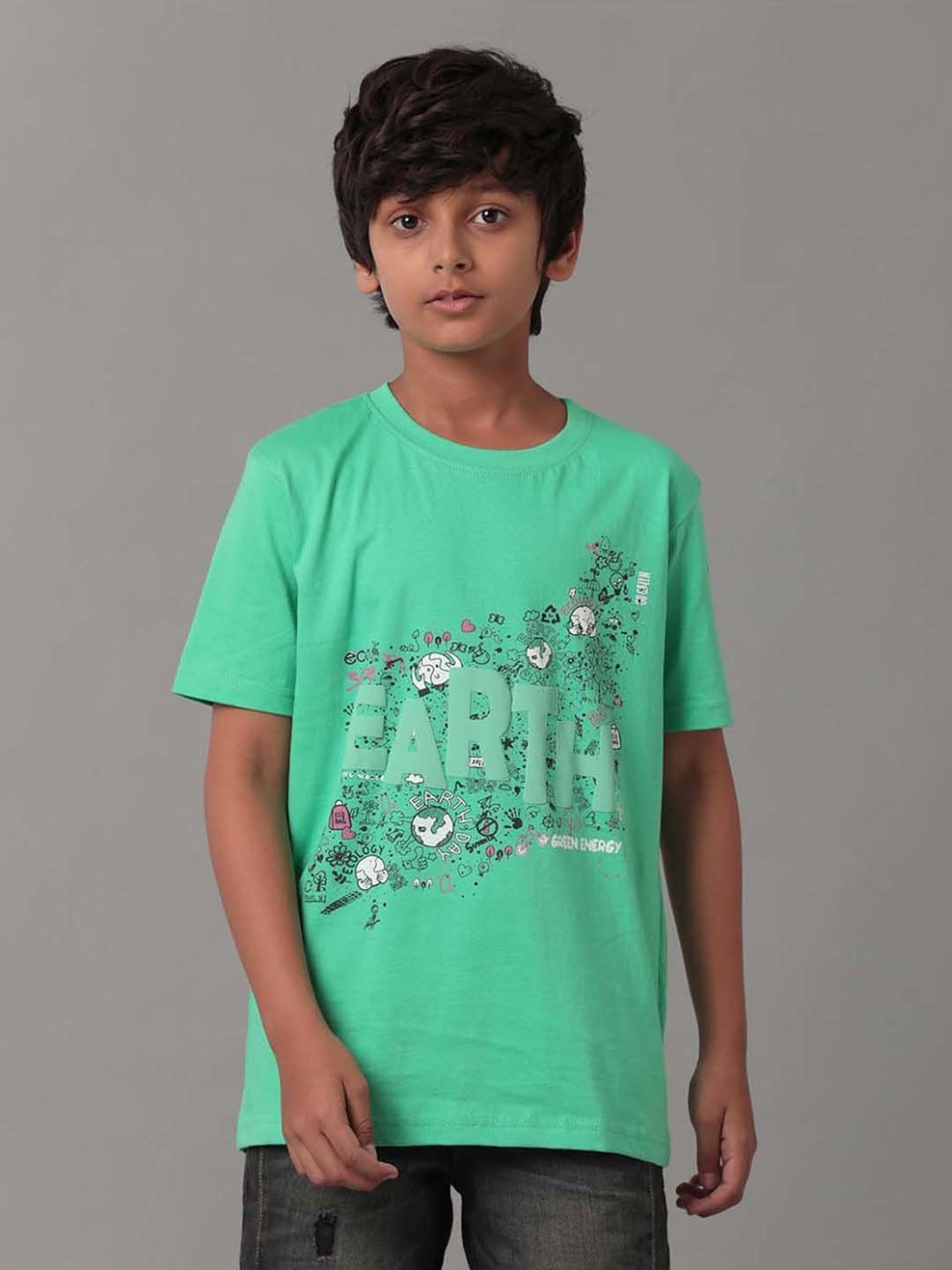 Under Fourteen Only Kids Green Cotton Printed T-Shirt