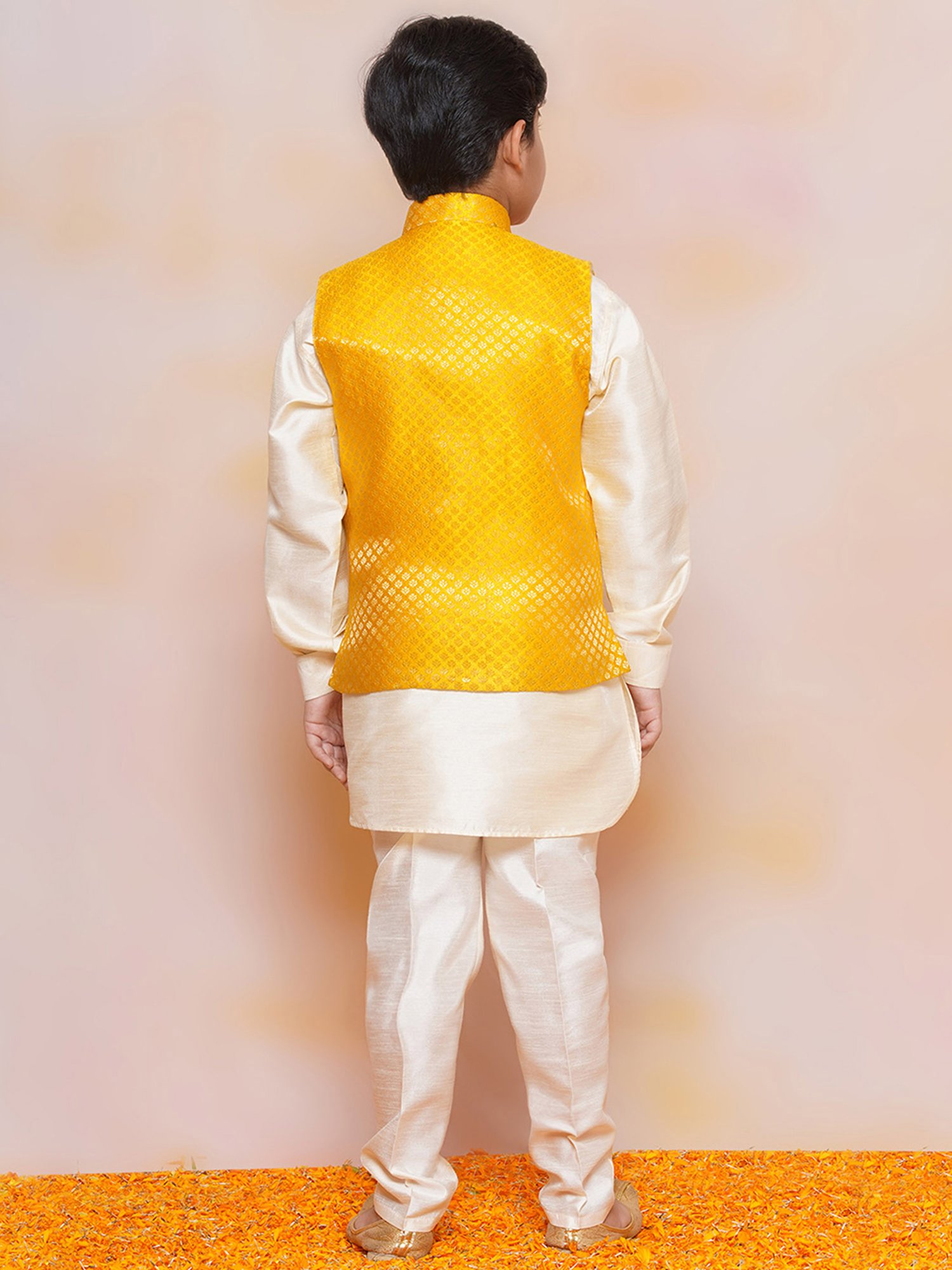 AJ Dezines Kids Mustard & White Printed Full Sleeves Kurta, Pyjamas with Waistcoat
