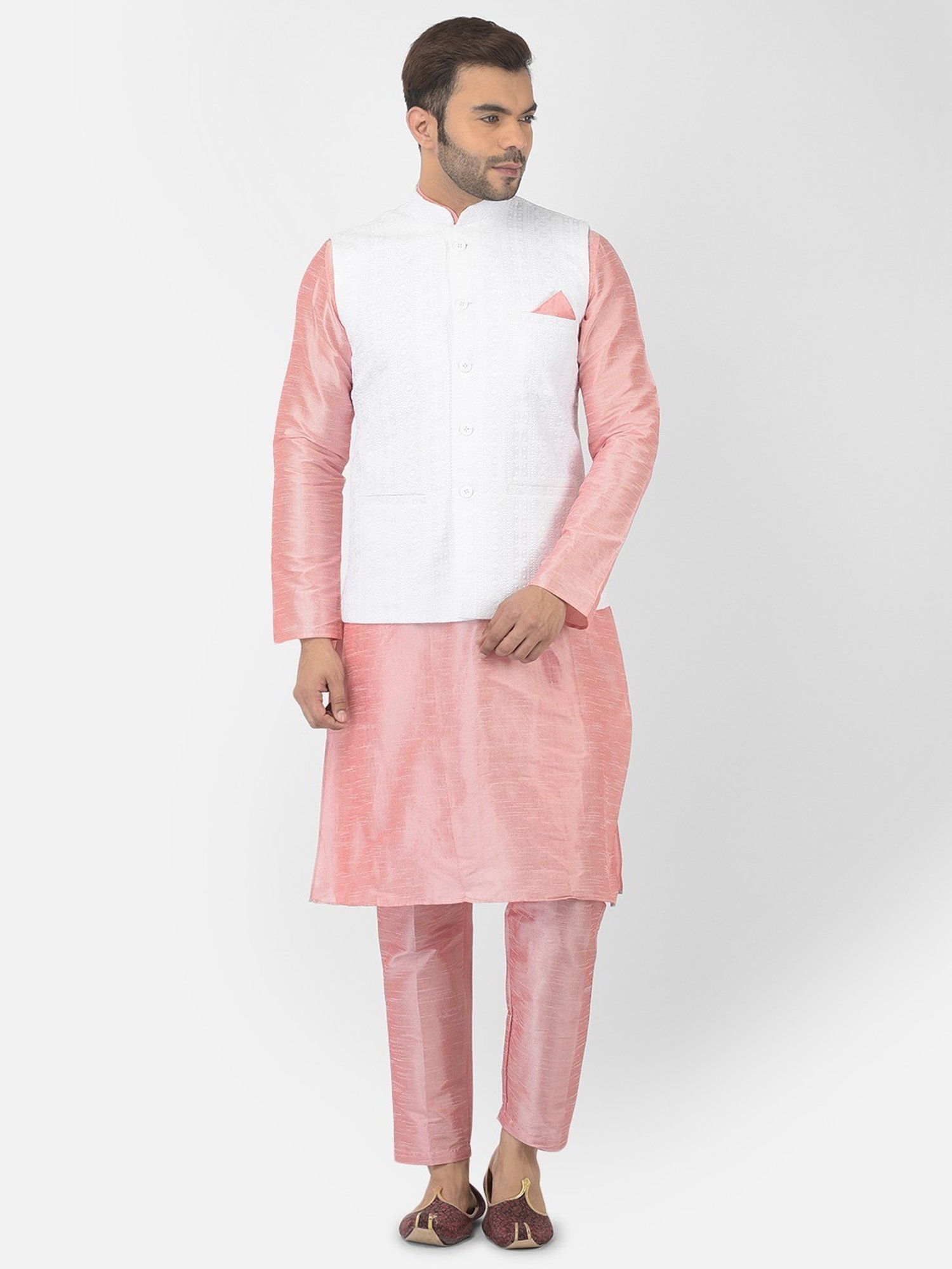 Deyann Pink & White Regular Fit Embroidered Kurta Set With Jacket