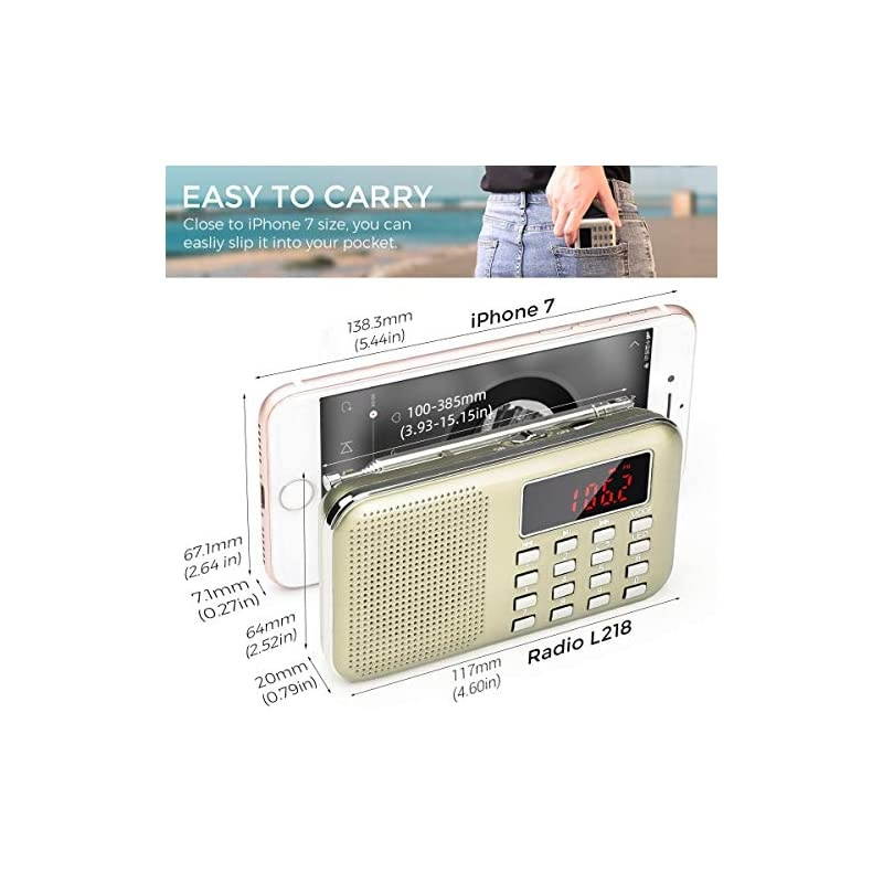 Mini Portable Radio AM FM Pocket Radio with LED Flashlight, Digital Radio Speaker Support Micro SD/TF Card/USB, Auto Scan Save, 1200mAh Rechargeable Battery Operated, by [Latest Version]