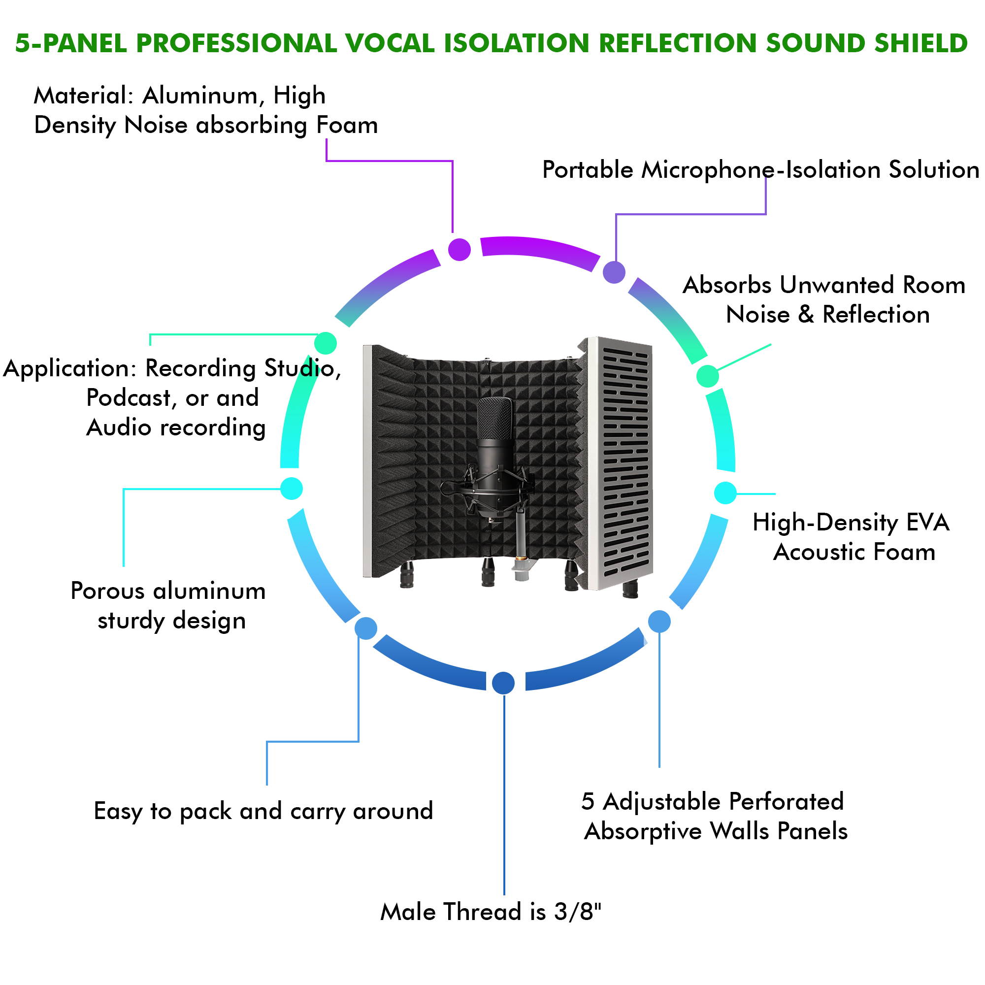 Technical Pro Portable and Foldable 5-Panel Professional Vocal Isolation Reflection Sound Shield for Home Office and Studio Recording  (Silver Aluminum, Black Foam)