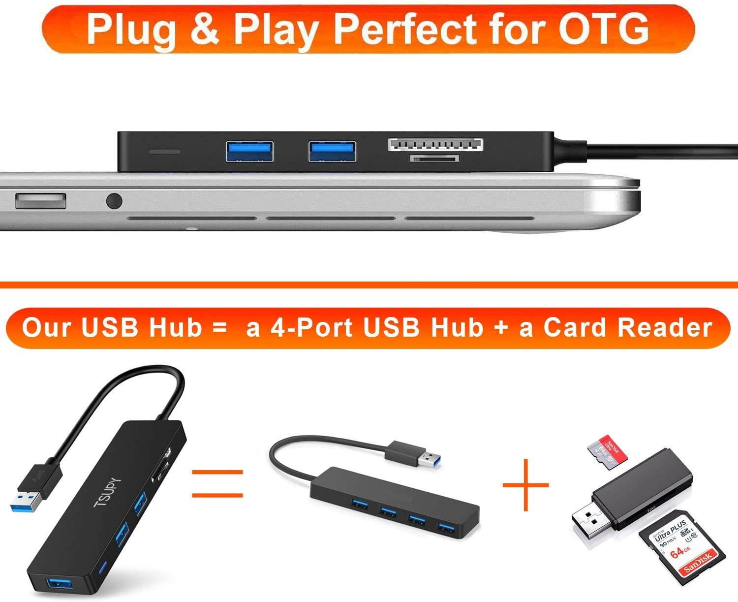 USB 3.0 Hub TSUPY Multi USB HUB 5 in 1 USB Data Hub with SD/TF Card Reader & 3 USB 3.0 Ports Compatible for PC LaptopsMacBookPrinter and Other USB Devices