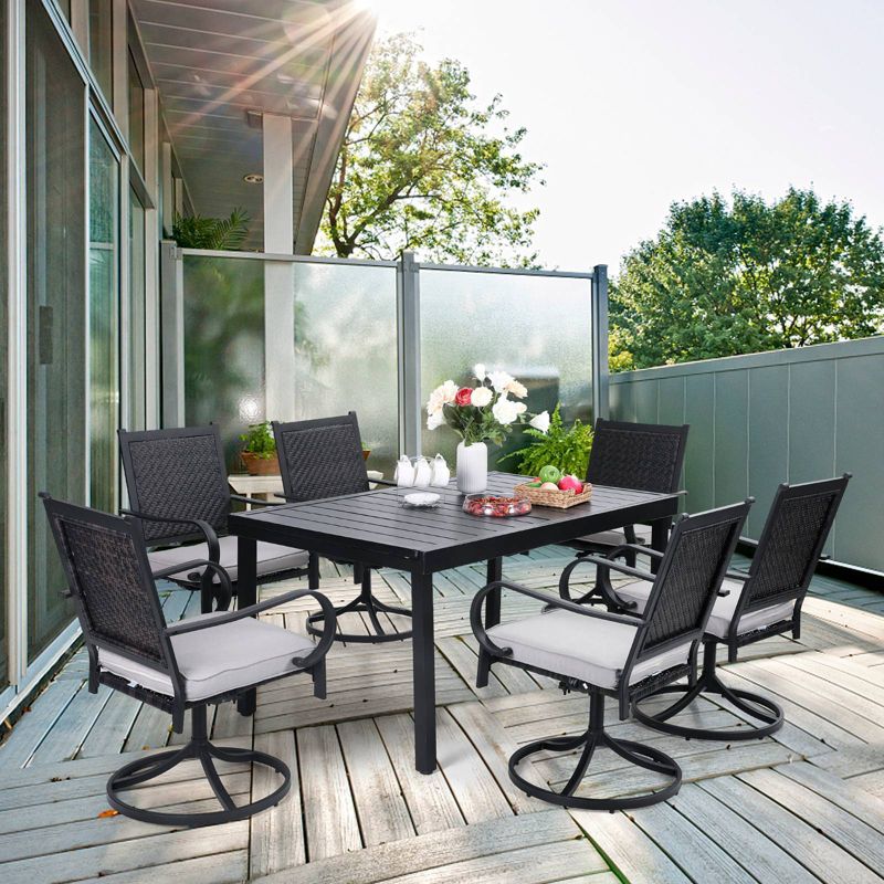 7pc Patio Dining Set with 360 Swivel Chairs with Cushions and Rectangle Concertina Steel Table - Captiva Designs