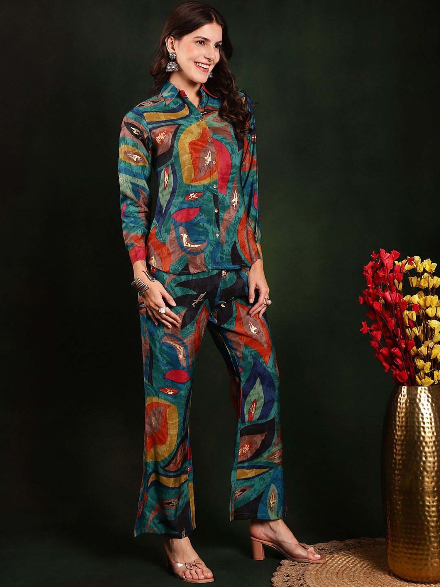 Claura Green Printed Shirt Pant Set