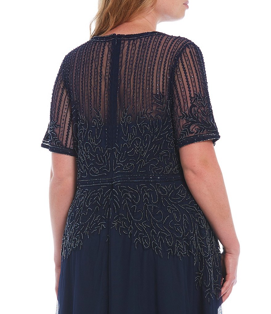 Pisarro Nights Plus Size Short Sleeve Illusion Jewel Neck Beaded Gown