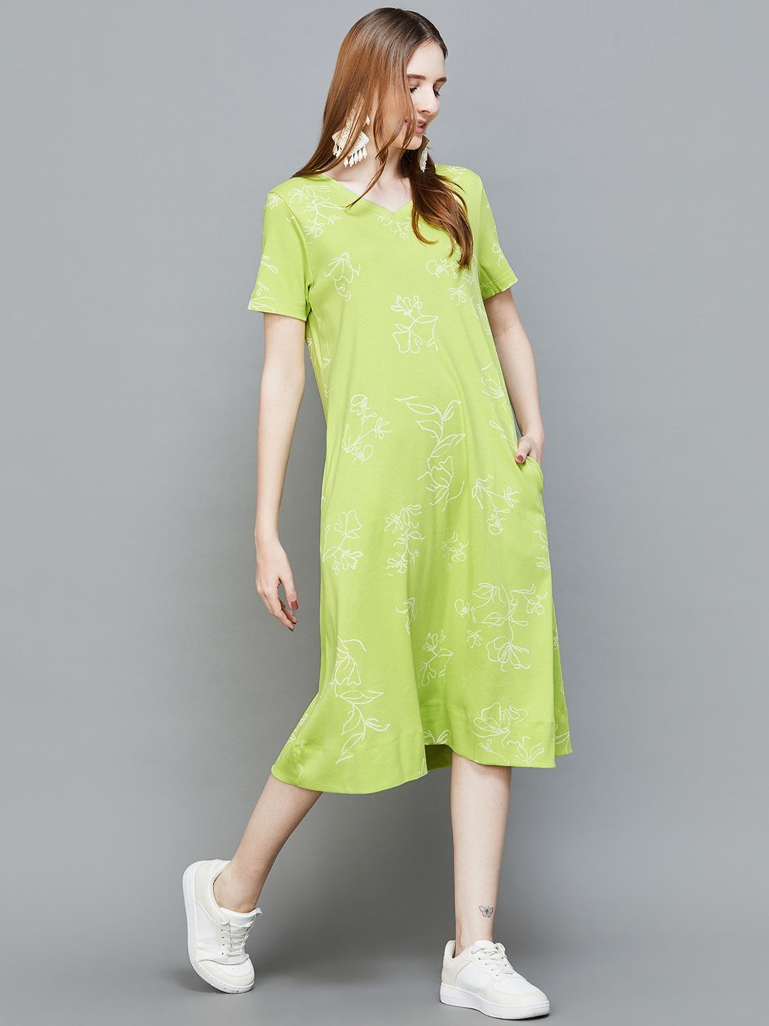 Colour Me by Melange Lime Green Cotton Printed Shift Dress