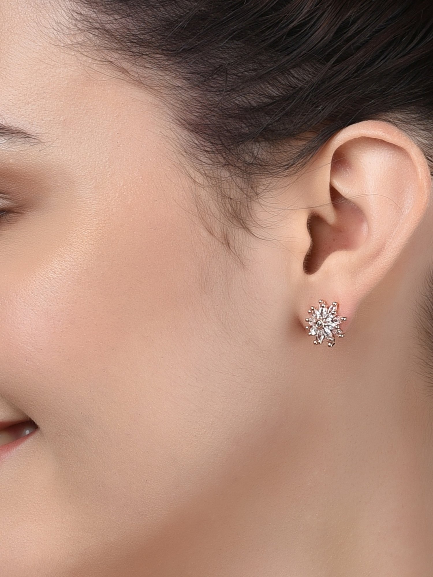 Zaveri Pearls Set of 2 Rose Gold & Gold Tone Cubic Zirconia Brass Stud & Hoop Earrings - ZPFK11161