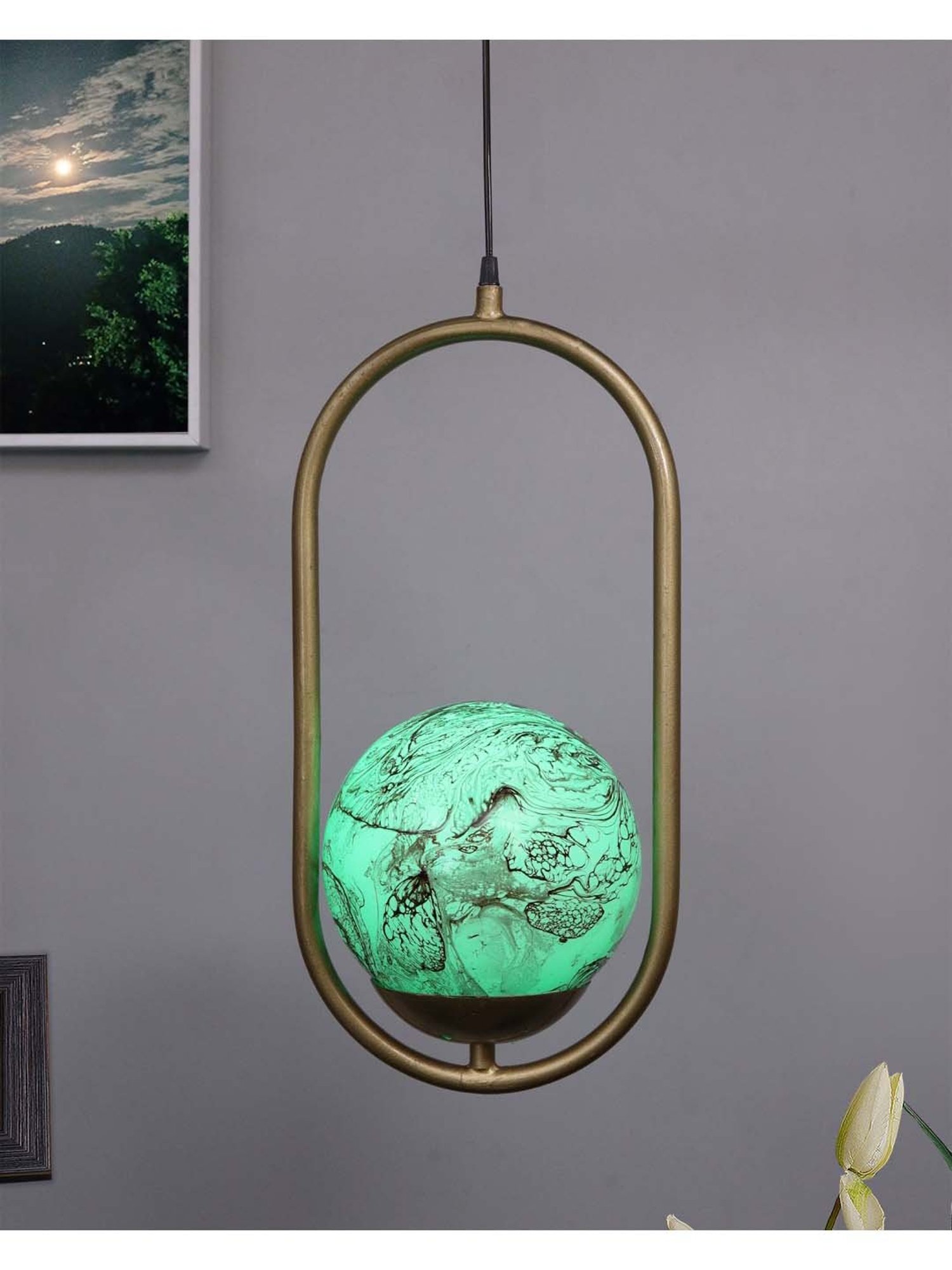Homesake Exclusive Green & Golden Metal Oval Lampshade with Pendant Indoor Hanging Light - Set of 1