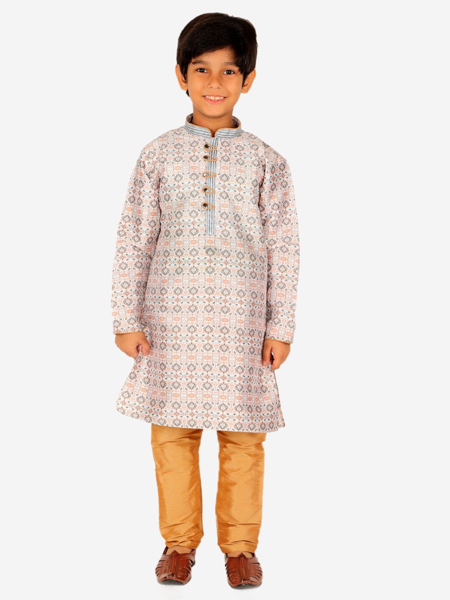 Pro-Ethic Style Developer Kids White & Beige Floral Print Full Sleeves Kurta with Pyjamas