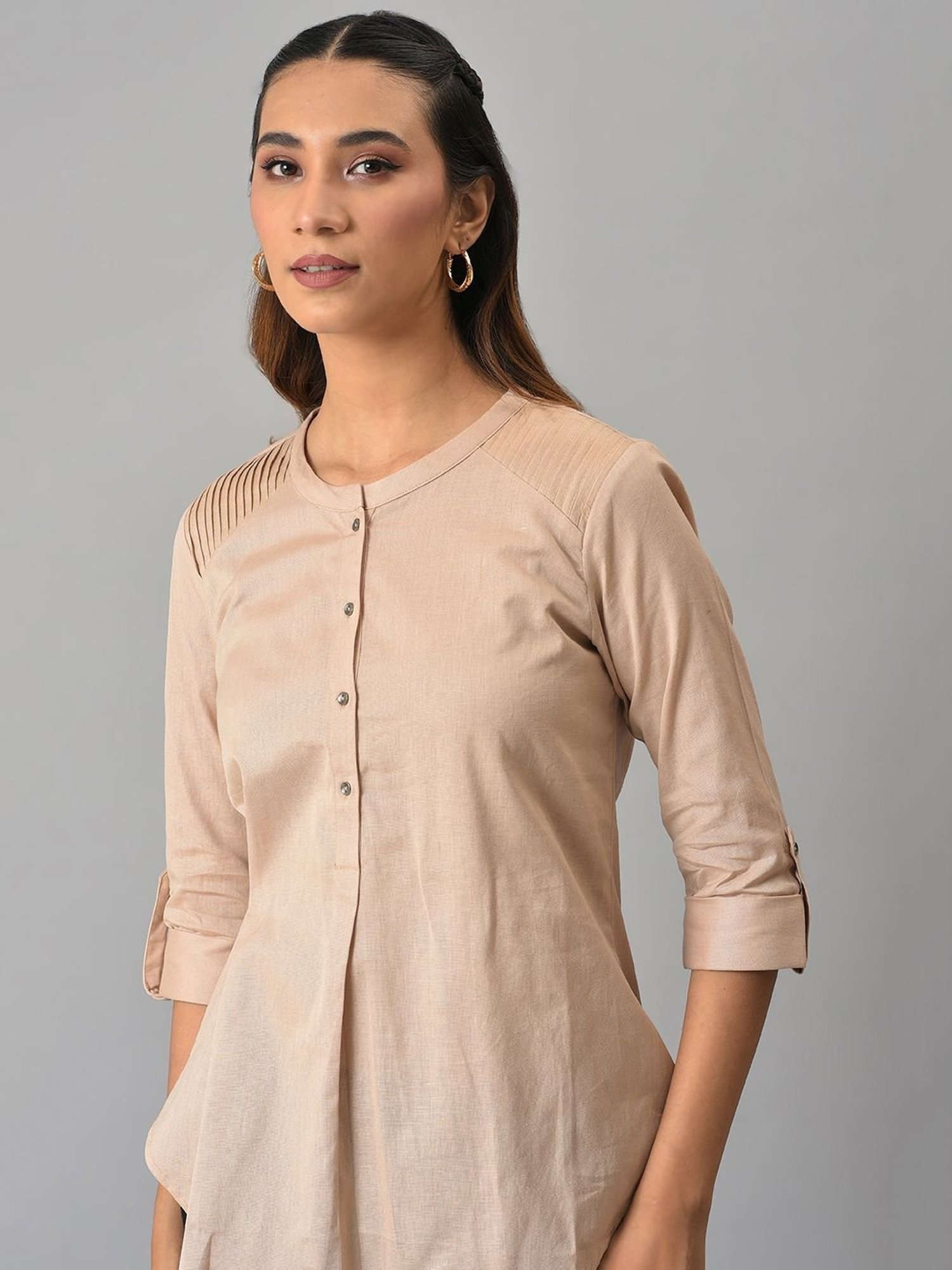 W Beige Cotton Regular Fit Top