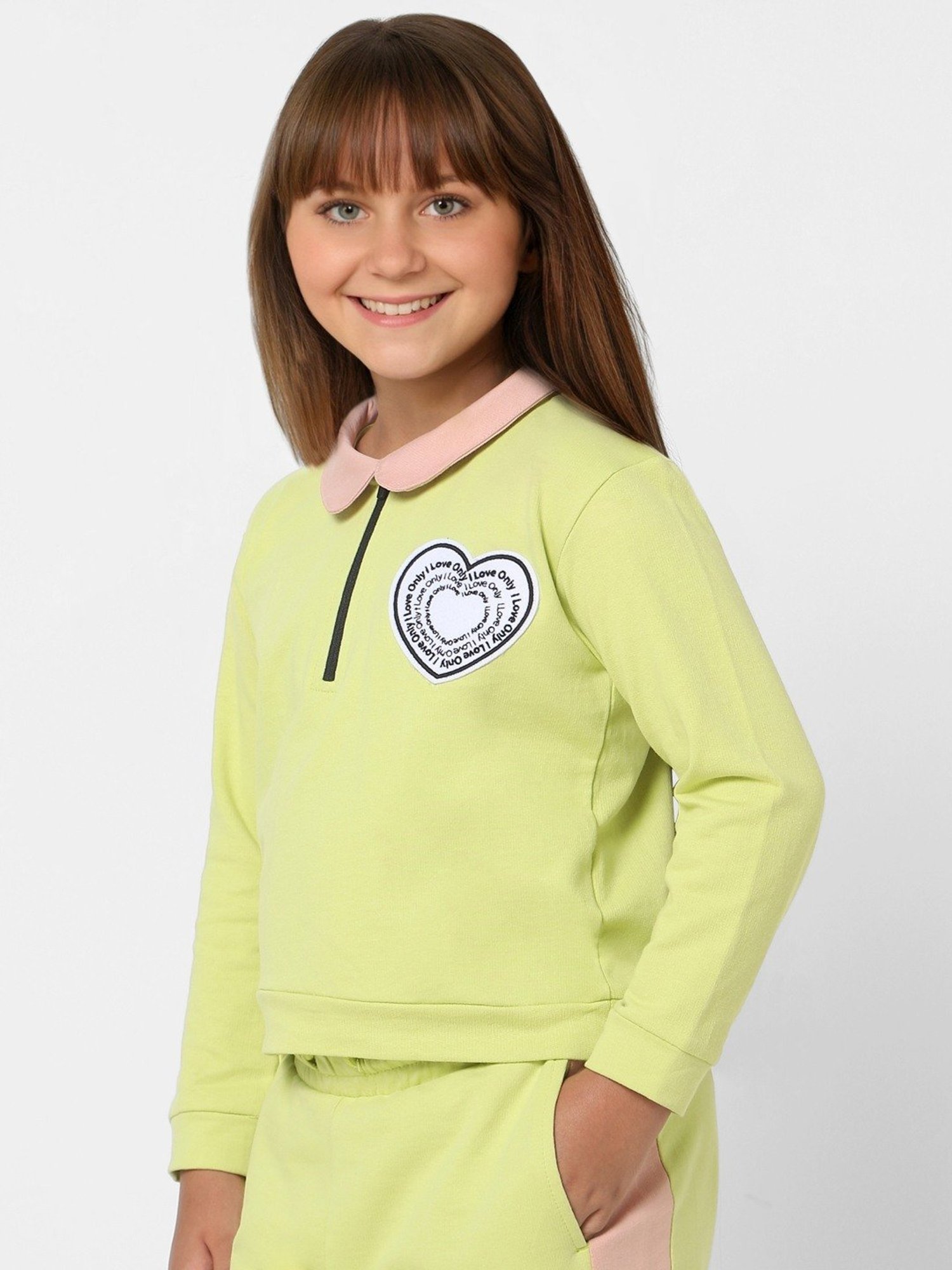 KIDS ONLY Celery Green & Pink Cotton Applique Full Sleeves Sweatshirt