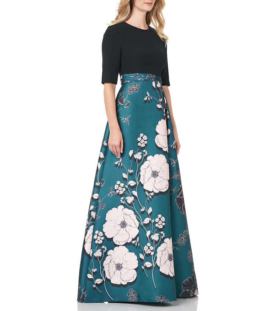 Kay Unger Crepe Bodice Floral Printed Mikado Ball Gown
