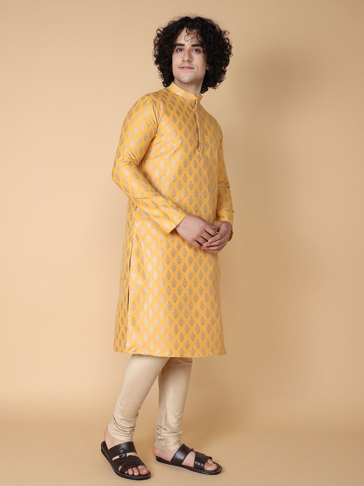 TABARD Mustard & Beige Regular Fit Kurta & Pyjamas Set