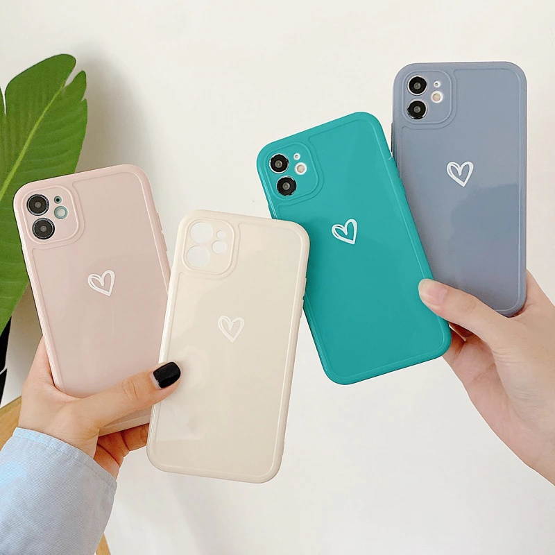 Love Heart Phone Case For iPhone 11 12 Pro Max 7 8 Plus X XR XS Max Candy Color Square Frame Back Cover For iPhone 7 8 Plus