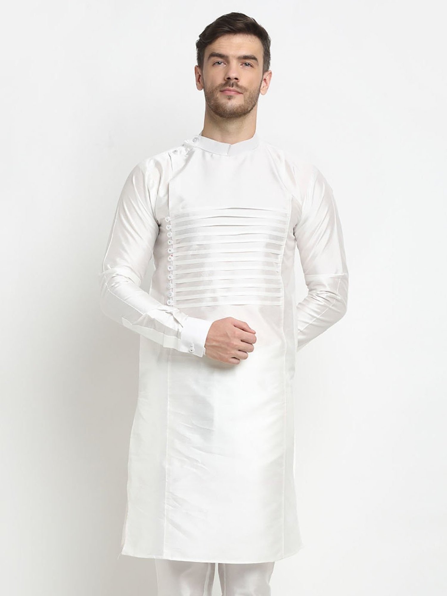 Benstoke White Regular Fit Mandarin Collar Long Kurta