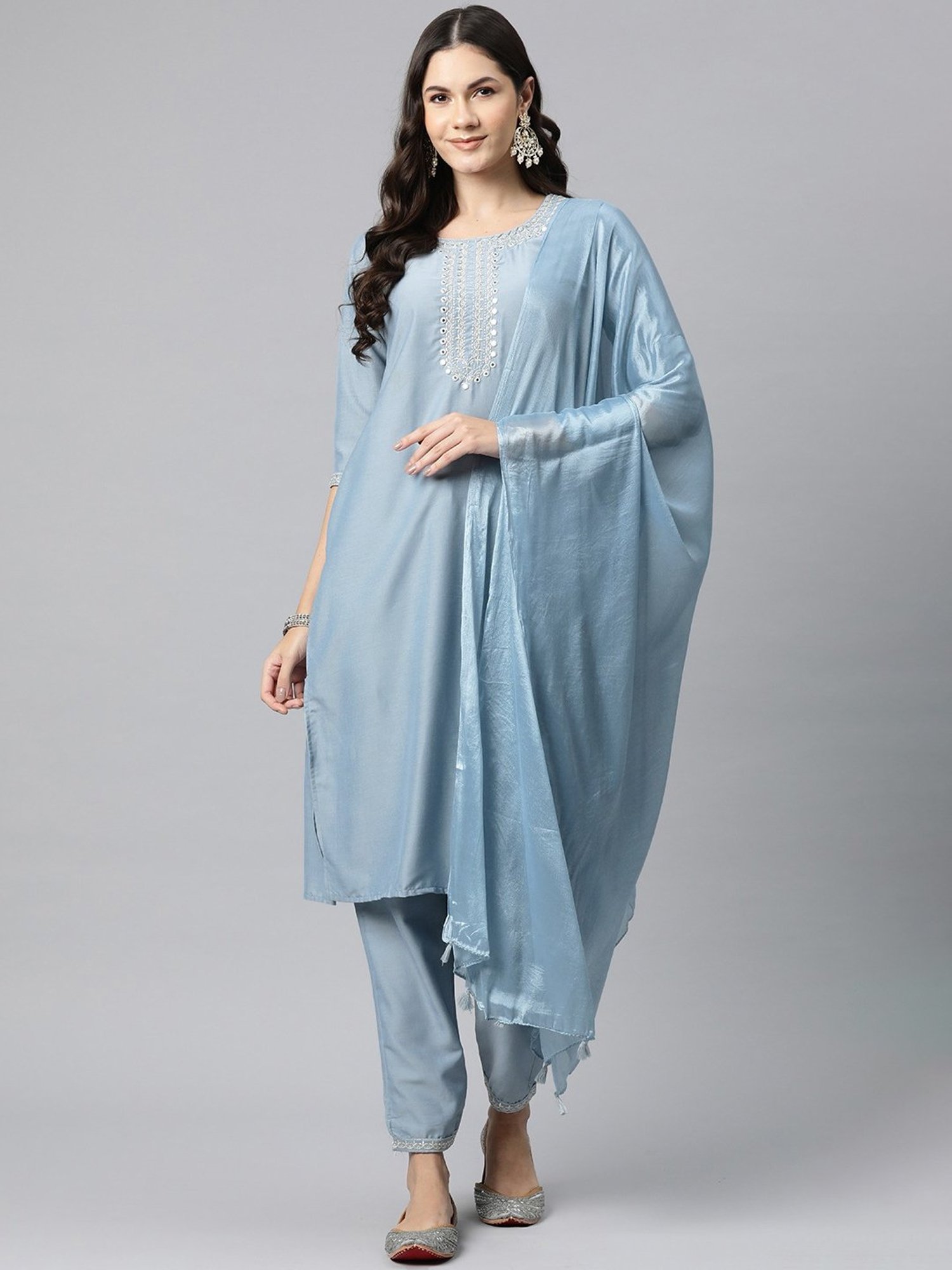 READIPRINT FASHIONS Blue Embroidered Kurta Pant Set With Dupatta