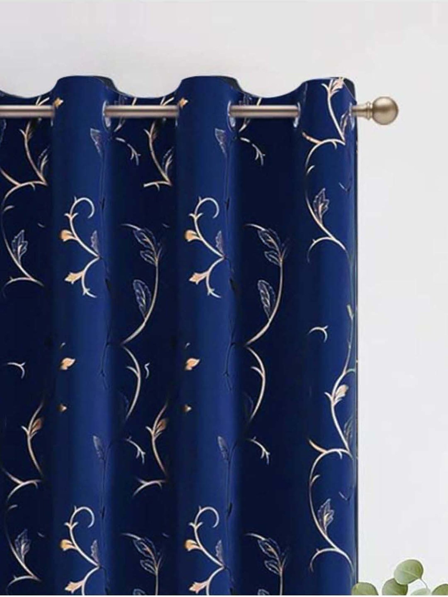 Urban Space Gold Leaf Navy Blue Polyester Black Out Long Door Curtain