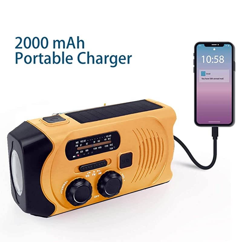 NOAA Weather Hand Crank Emergency AM/FM Radio Solar Charge with Survival Flashlight SOS Alarm Cell Phone Charger 2000mAh USB Power Bank Battery Portable Mini Design for Hiking&ndash;Orange