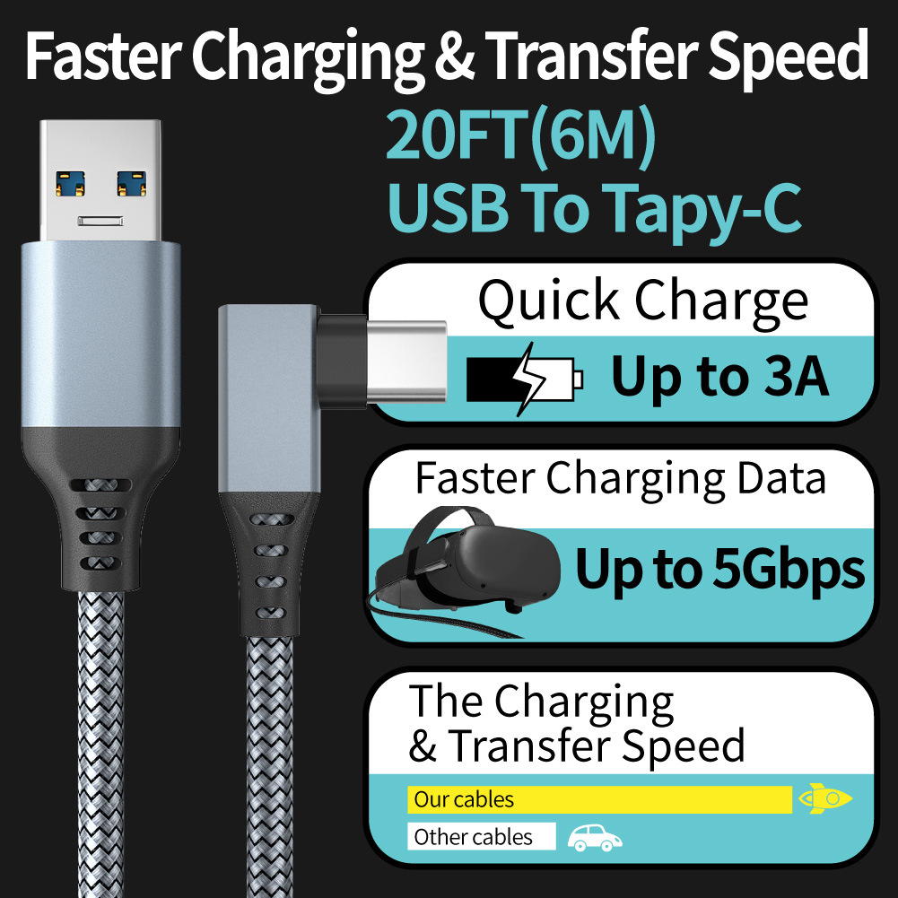 4pcs 6M 20FT Oculus Quest 2 Link Cable USB TO Tytp-c Computer Game VR Glasses Equipment All-in-one Elbow Data Cable