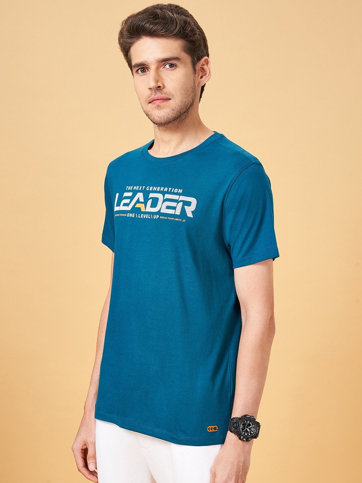 Ajile by Pantaloons Bottle Green Cotton Slim Fit Printed Sports T-Shirt