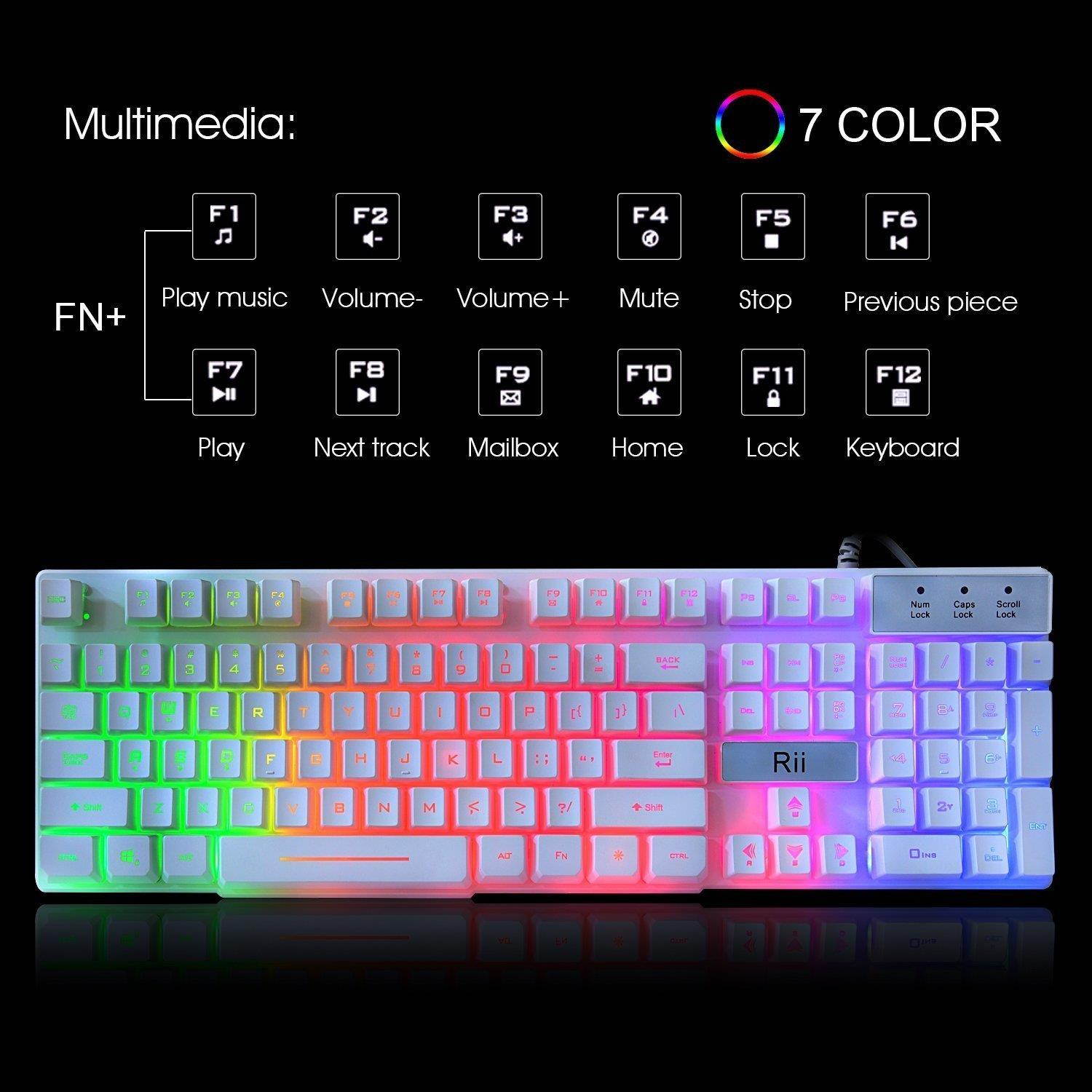 Rii RK100+ Multiple Colors Rainbow LED Backlit Large Size Mechanical Feeling USB Wired Multimedia Keyboard,White