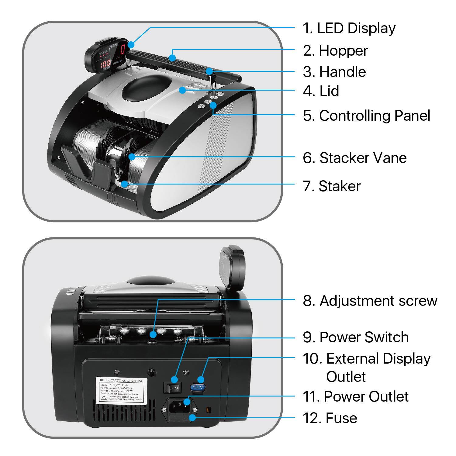 Money Bill Counter Machine with Fake UV, MG, IR Counterfeit - Portable Digital Electronic Cash Currency Banknote Counting Automatic Detection Systems and External LCD Display for Bank Store