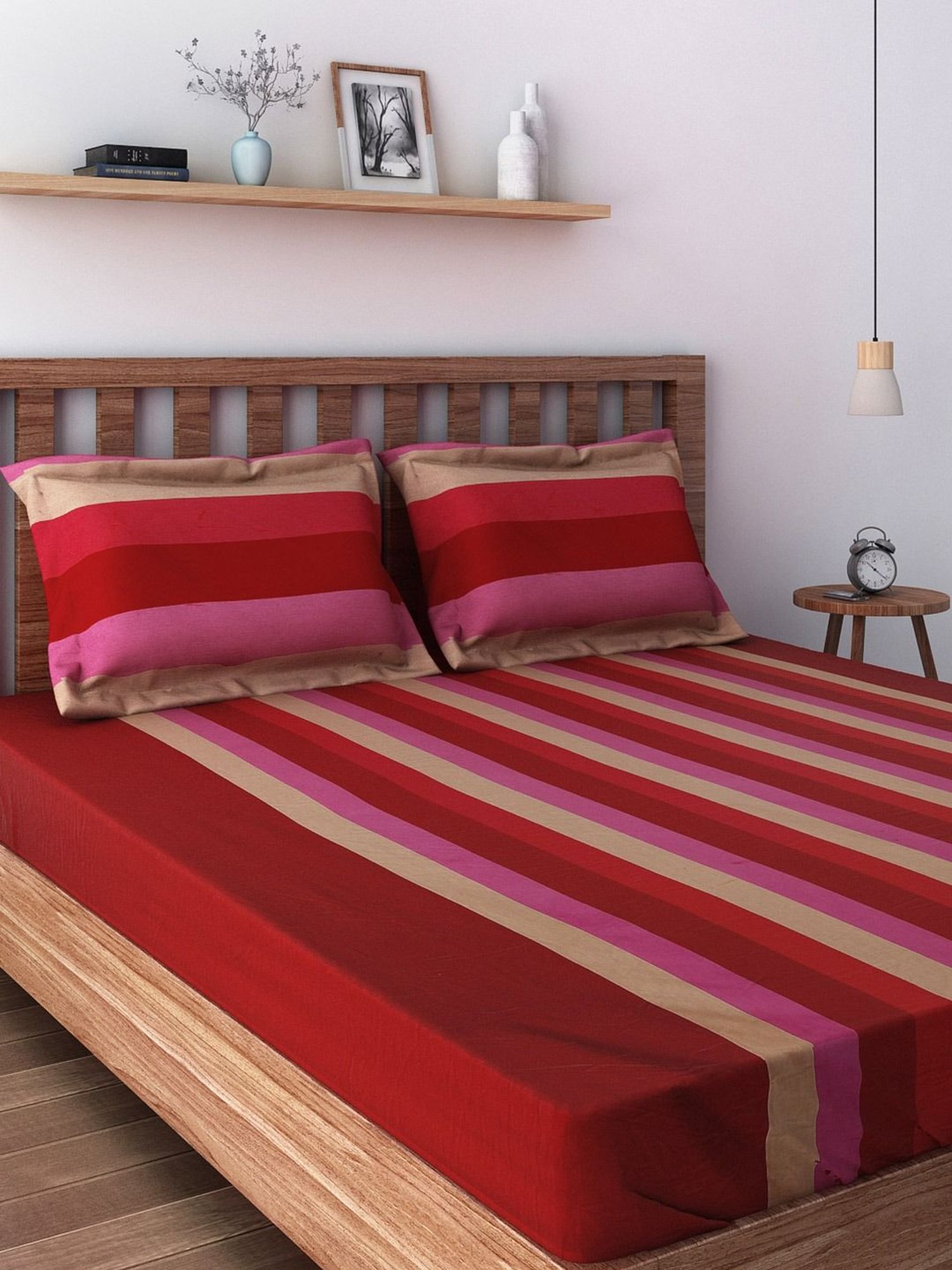 Swayam Stripes Red & Beige 180 TC Cotton King Bedsheet with 2 Pillow Covers
