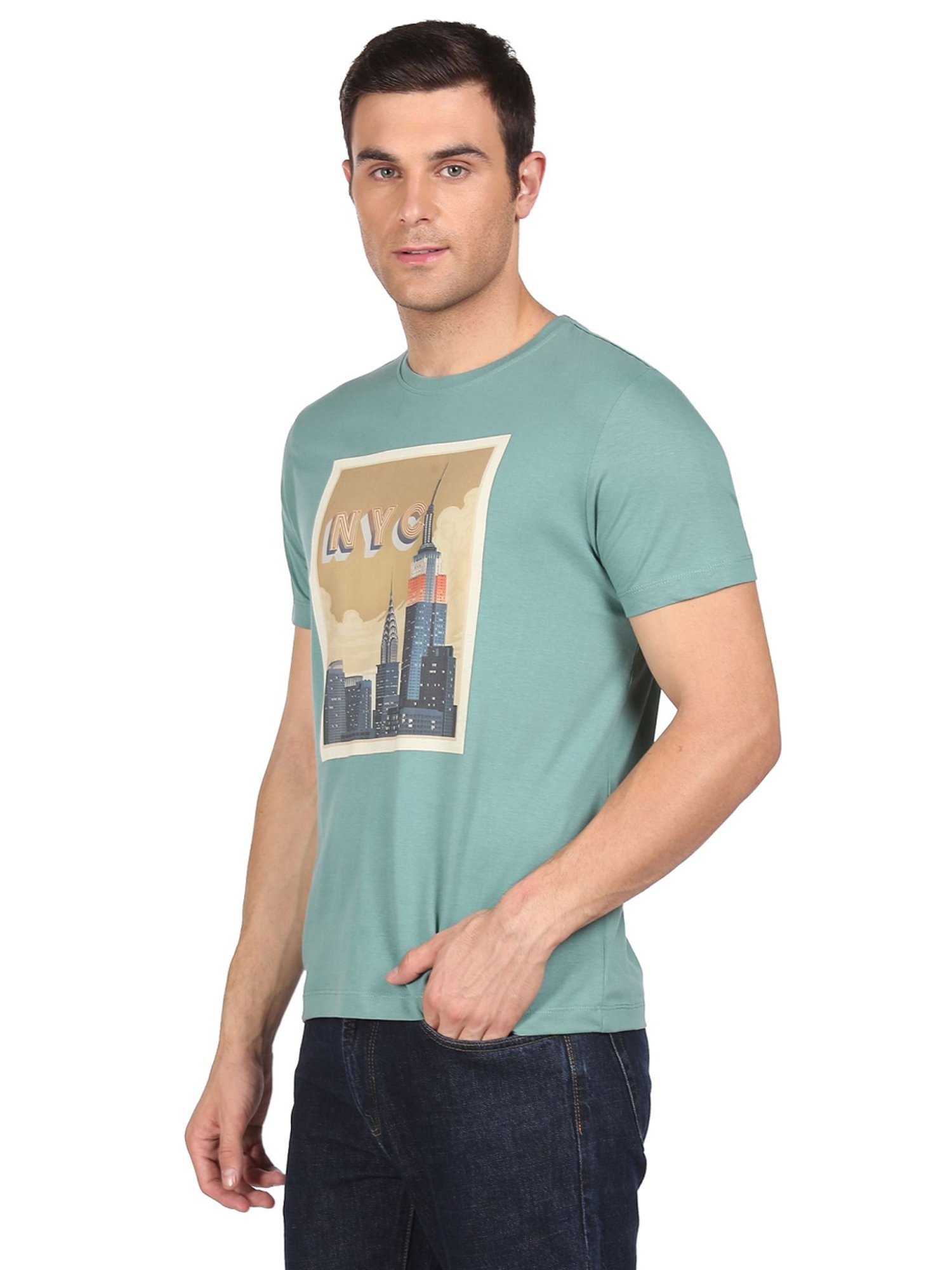 Arrow New York Green Cotton Regular Fit Printed T-Shirt