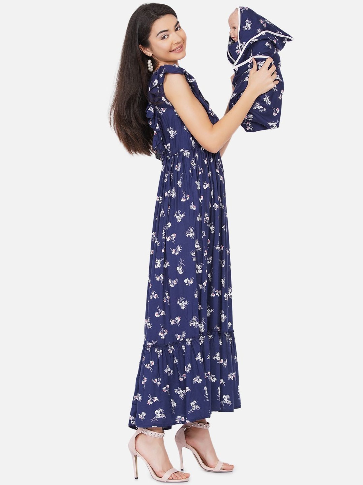 Mine4Nine Navy Floral Print Maxi Maternity Dress For Mom With Matching Baby Wrapper