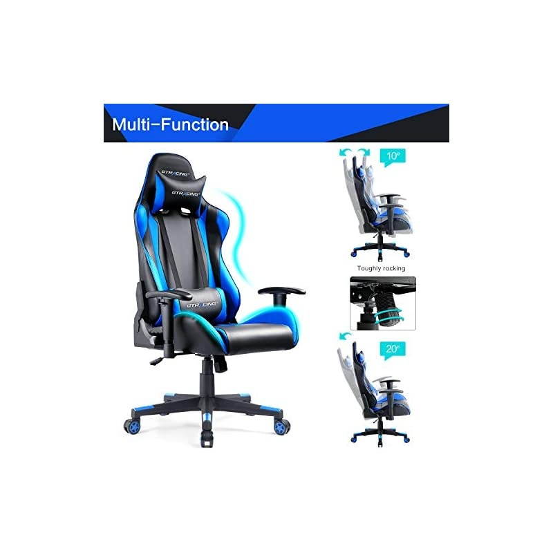 Gaming Chair Racing Office Computer Game Desk Chair Ergonomic Backrest and Seat Height Adjustment Swivel Rocker with Headrest and Lumbar Pillow E-Sports Chair Black (Blue)