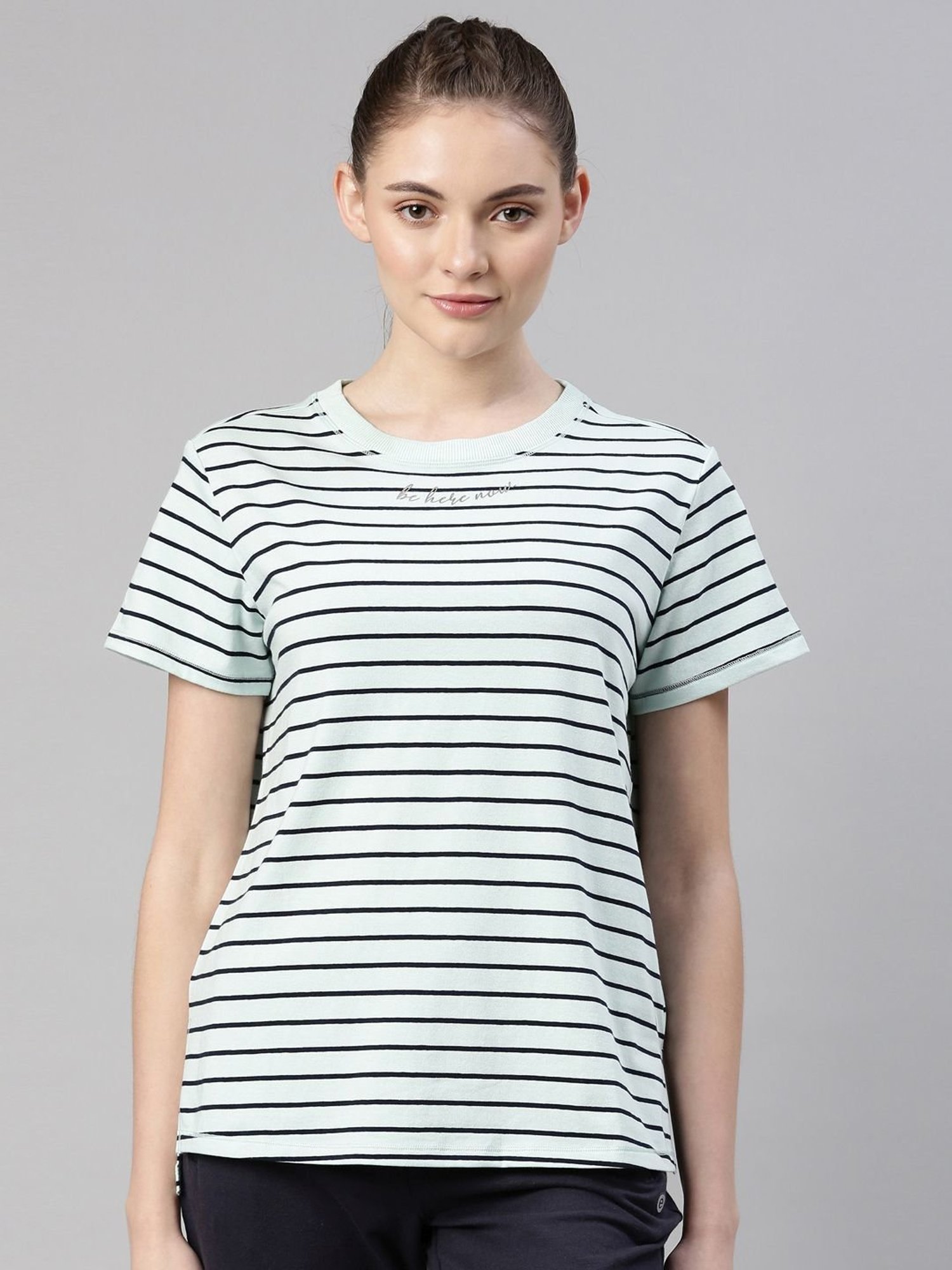 Enamor Blue & Black Cotton Striped Sports T-Shirt