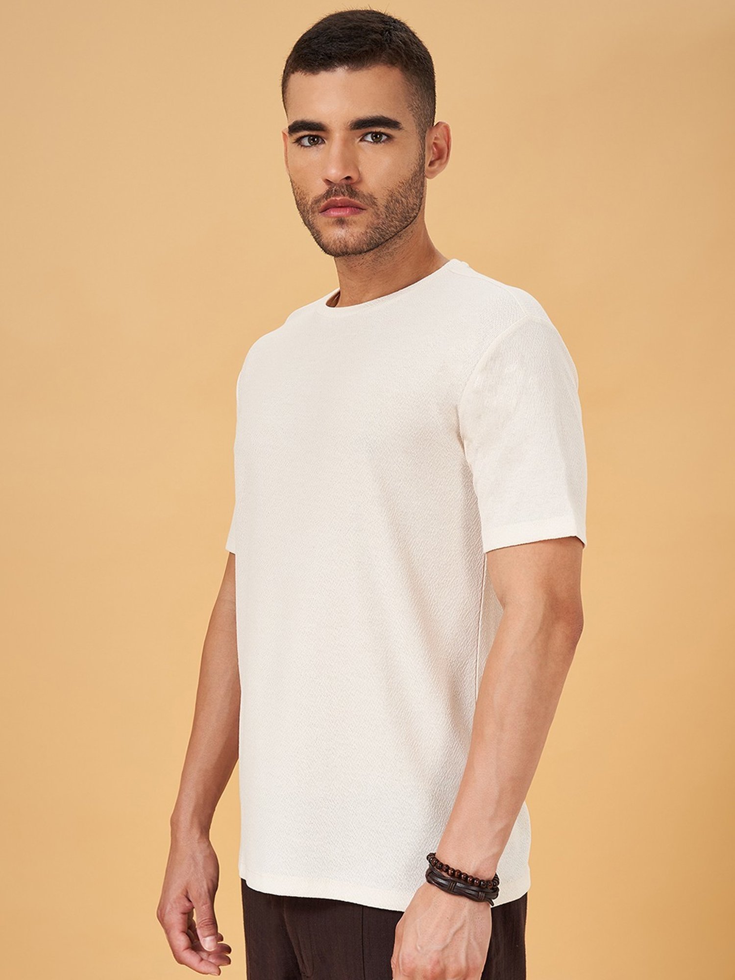 7 Alt by Pantaloons Ecru Relaxed Fit Self Pattern T-Shirt