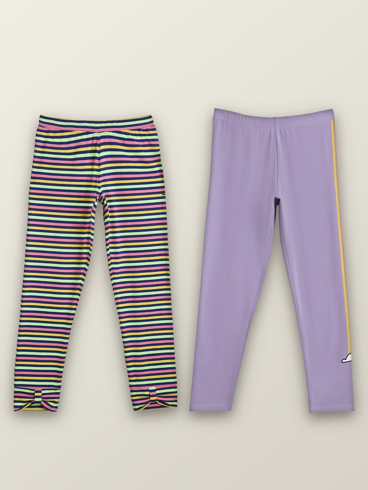 XY Life Kids Pink & Purple Cotton Striped Leggings (Pack of 2)