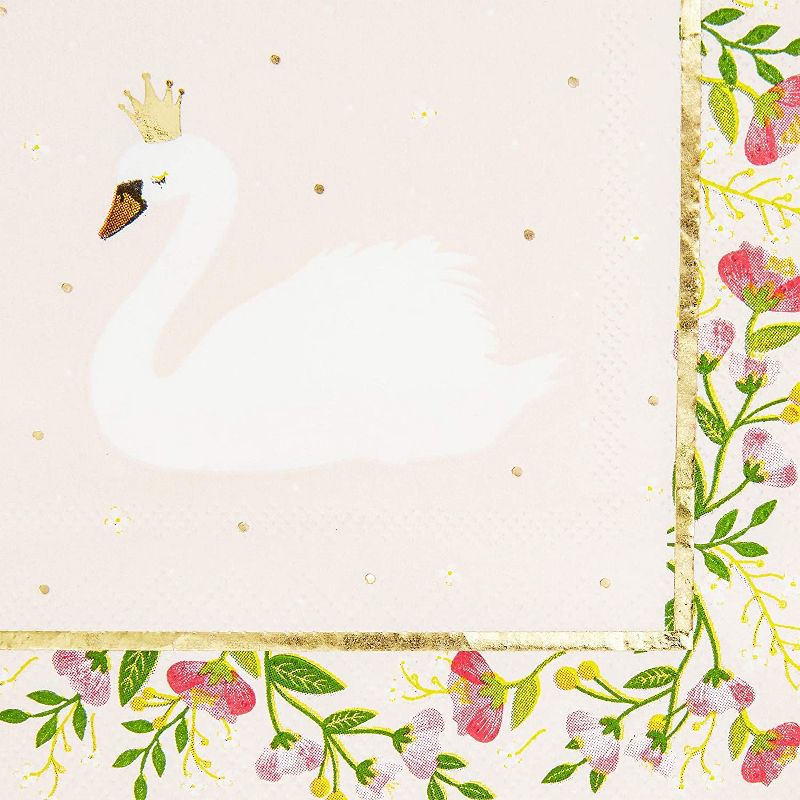 Sparkle and Bash 50-Pack Princess Swan Cocktail Disposable Napkins, Pink Floral Paper Beverage Napkin, 5"
