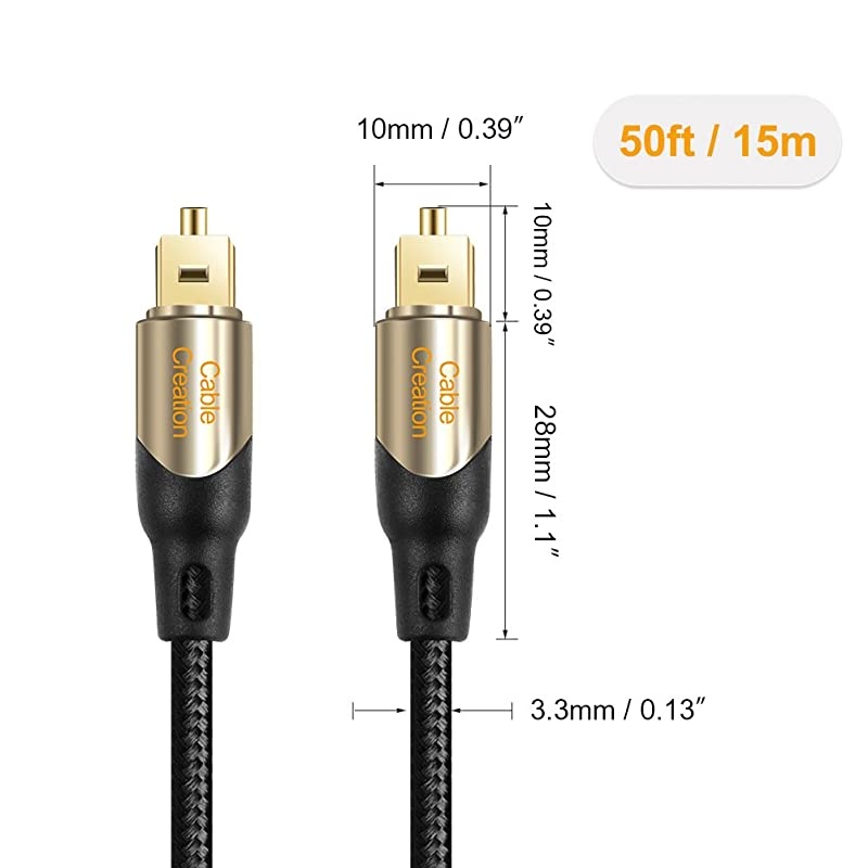 50 Feet Toslink Male to Toslink Male Digital Optical SPDIF Audio Cable Braided Fiber Cable with Metal Connectors Black Gold 152 Meters