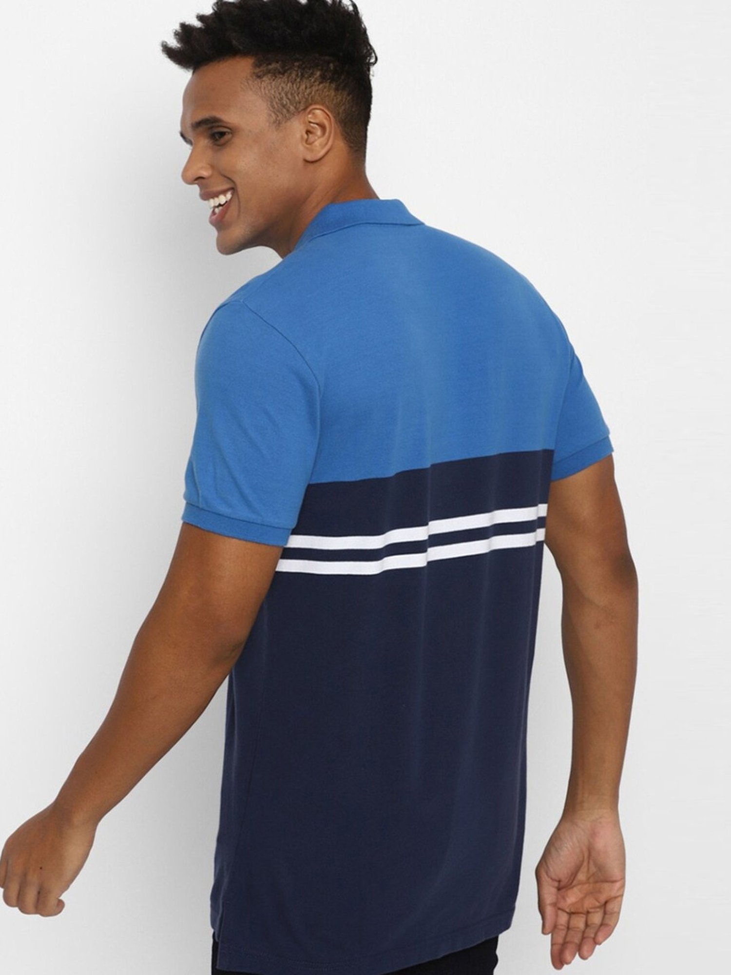 American Eagle Outfitters Navy Cotton Regular Fit Colour Block Polo T-Shirt