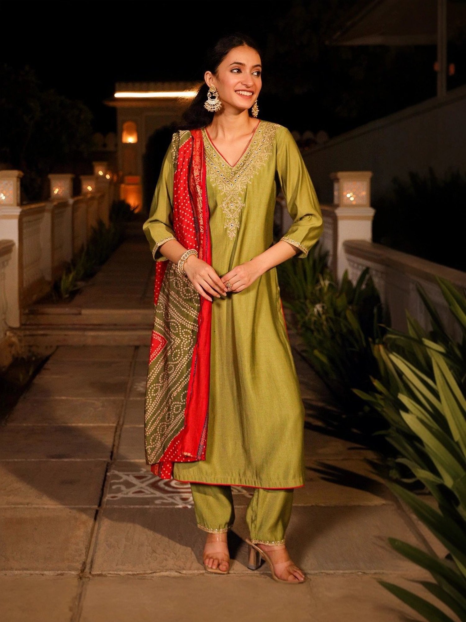 Juniper Green Embroidered Kurta Pant Set With Dupatta