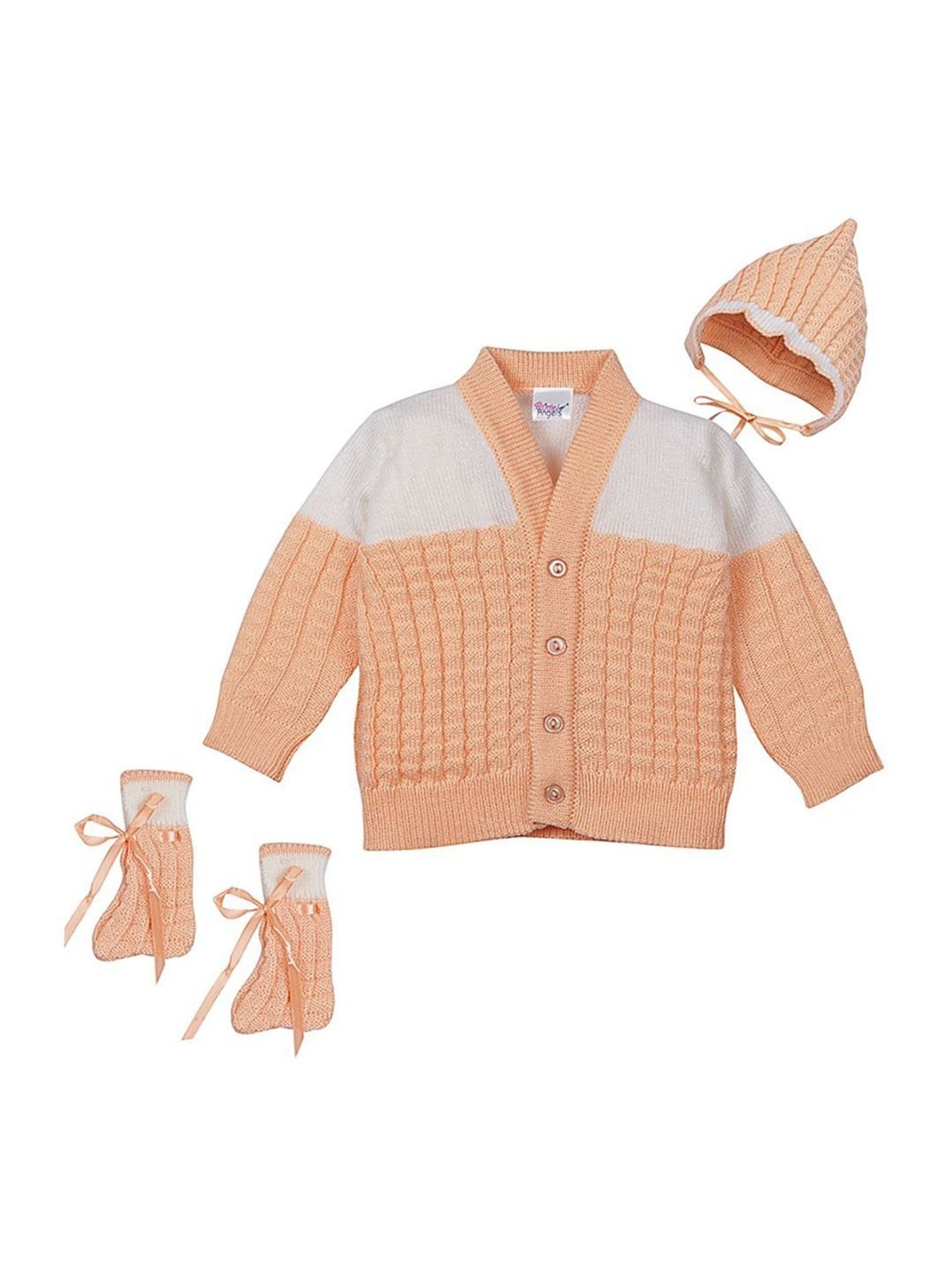 Little Angels Kids Peach & White Textured Pattern Full Sleeves Sweater Set
