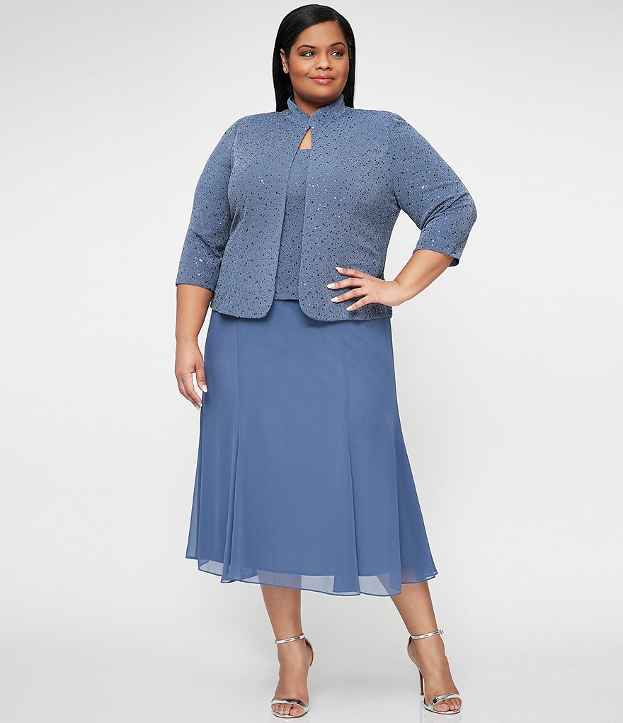 Alex Evenings Plus Size Mandarin Collar Neck 3/4 Sleeve Sequin Metallic Knit A-line Jacket Dress