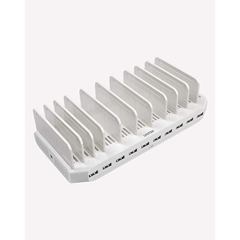 Multi Charging Station 10Port USB Charger for Multiple Device with SmartIC Tech and Adjustable Dividers Organizer Stand Compatible with iPad Tablet Kindle iPhone