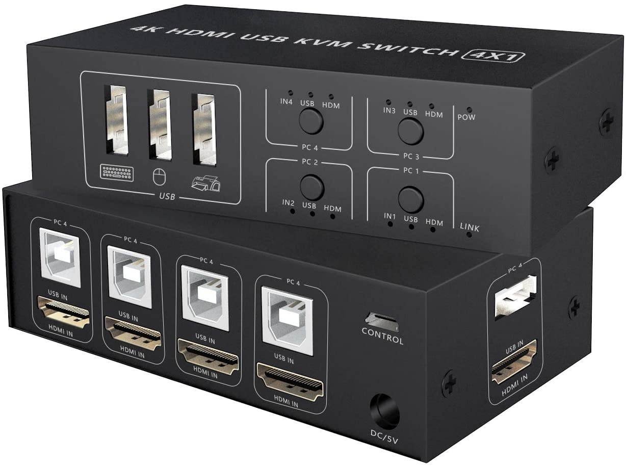 HDMI KVM Switch 4K 4 in 1 Out KVM Switch Box Keyboard Printer Switcher Include 4 USB Type-B Cable Support 4K@60Hz EDID/HDCP 2.2 3D for Laptop PS4 Xbox one HDTV Monitor