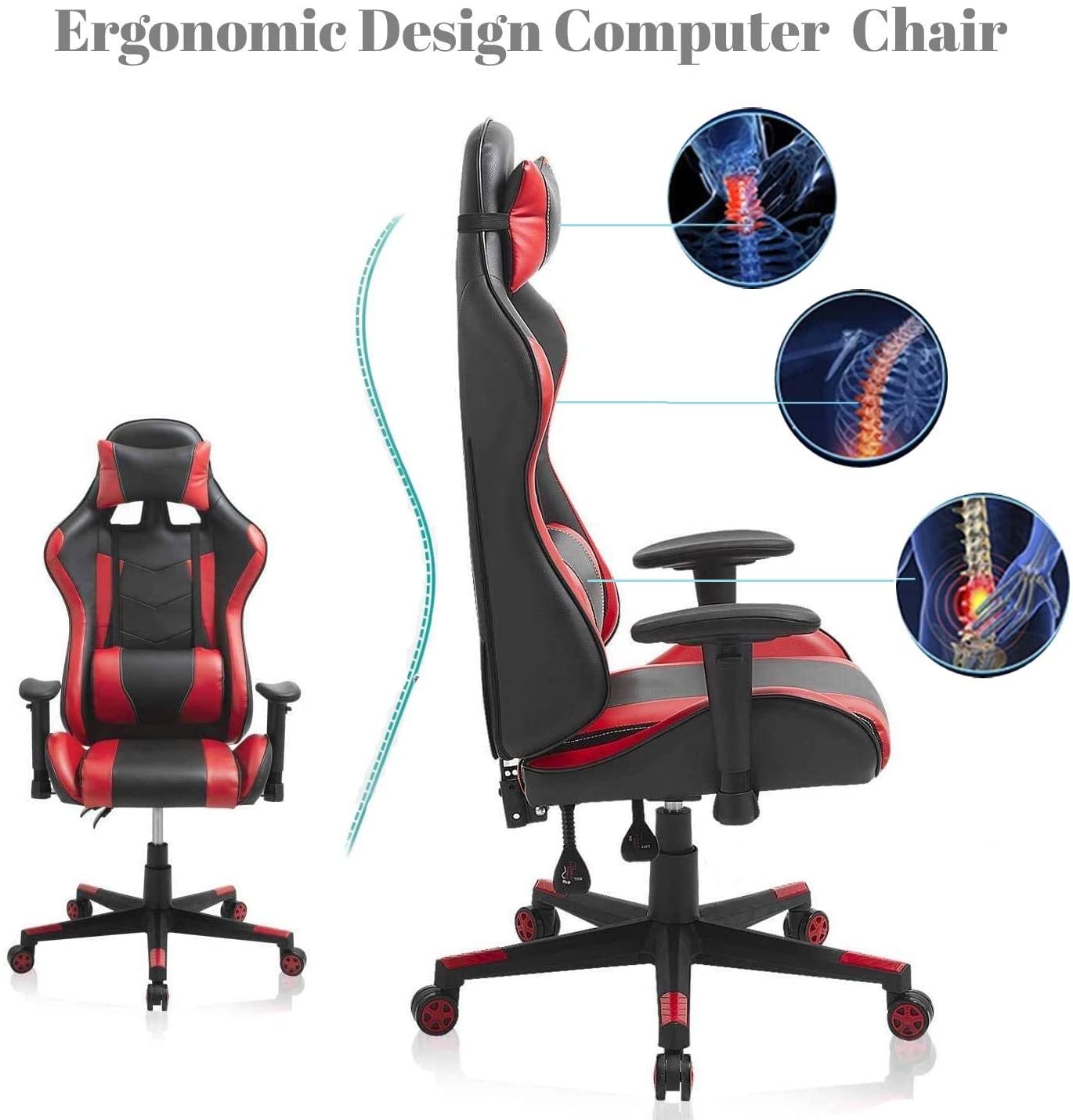 Video Game Chair, Ergonomic Computer Gaming Chair Big and Tall PC Racing Office Chair PU Leather Executive Task Chair Swivel Desk Chair with Adjustable Armrests Headrest and Lumbar Support (Red)