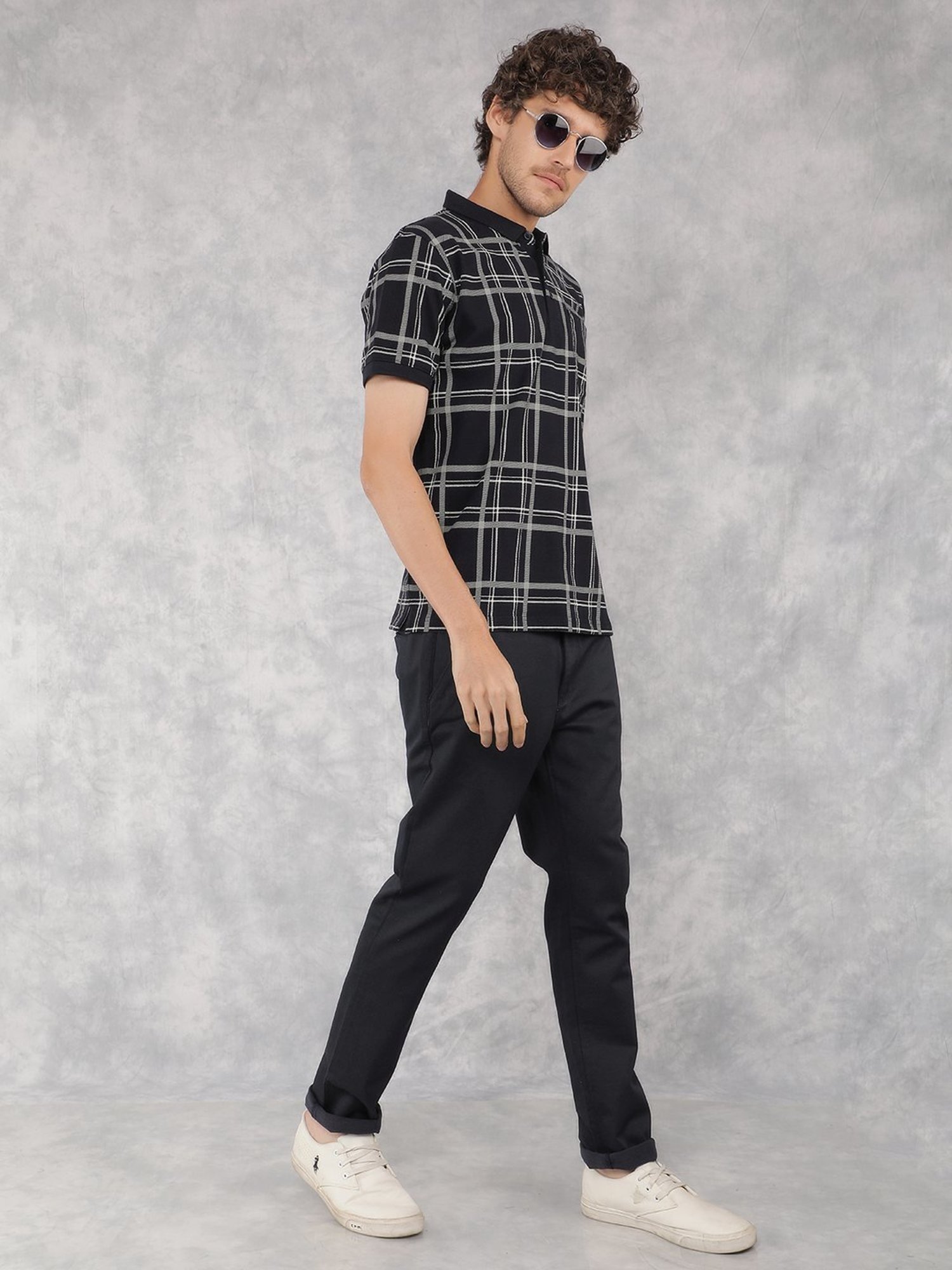 Crimsoune Club Navy Cotton Slim Fit Checks Polo T-Shirt