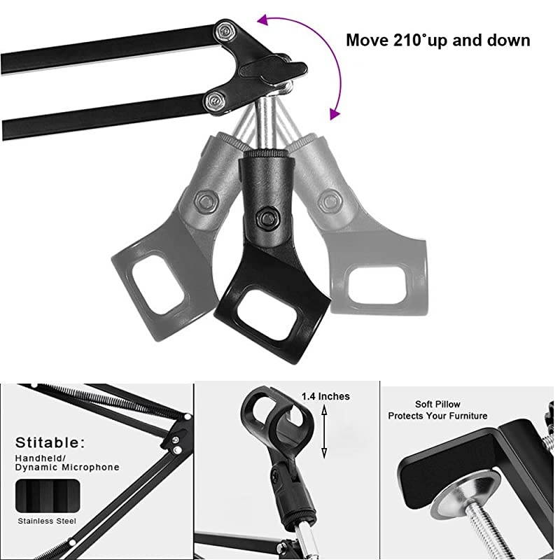 Microphone Suspension Stand Adjustable Boom Scissor Arm Stand with Shock Mount Mic Clip Holder 38 to 58 Screw Adapter Pop Filter and Foam Windscreens Radio Broadcasting and Recording