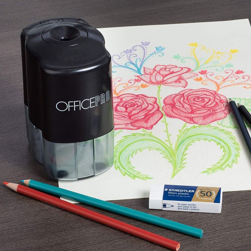 OfficePro Electric Pencil Sharpener - For School and Classroom, Helical Steel Blade Sharpens All Pencils Including Color, Auto-Stop Feature, Ultra-Portable - Batteries Included (Pencil Sharpener)