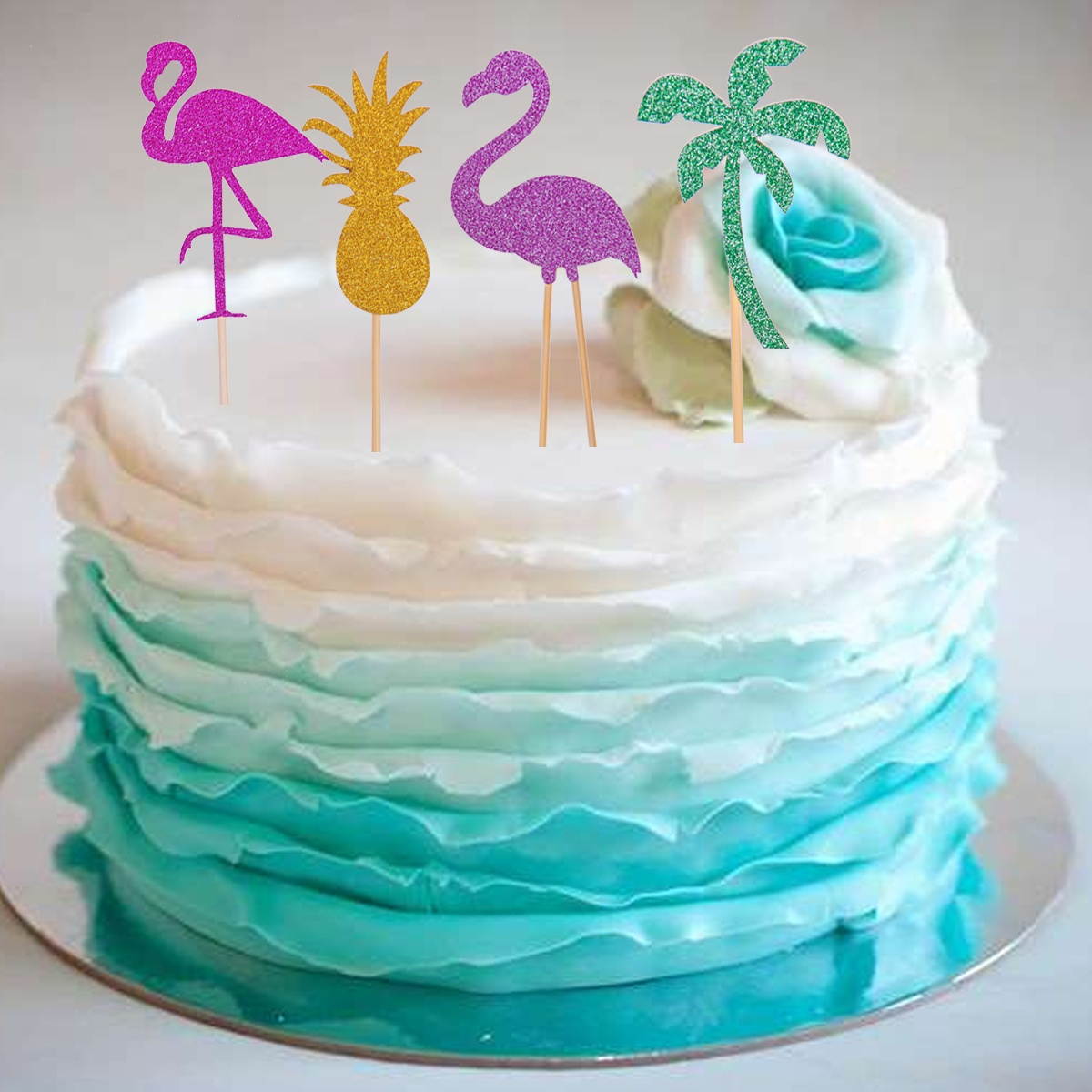 12pcs Hawaii Cake Tooper Flamingo Pineapple Coconut Tree Cake Picks for Luau Beach Party