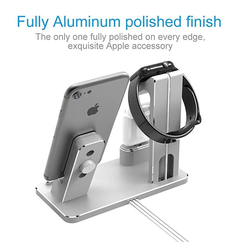 Phone Charging Dock Aluminum 4 in 1 AirPods Charging Stand Accessories Station Holder for Apple Watch 4 3 2 1 AirPods Phone Xs X Max XR 7 7plus 6s 6plus iPad Mini Silver