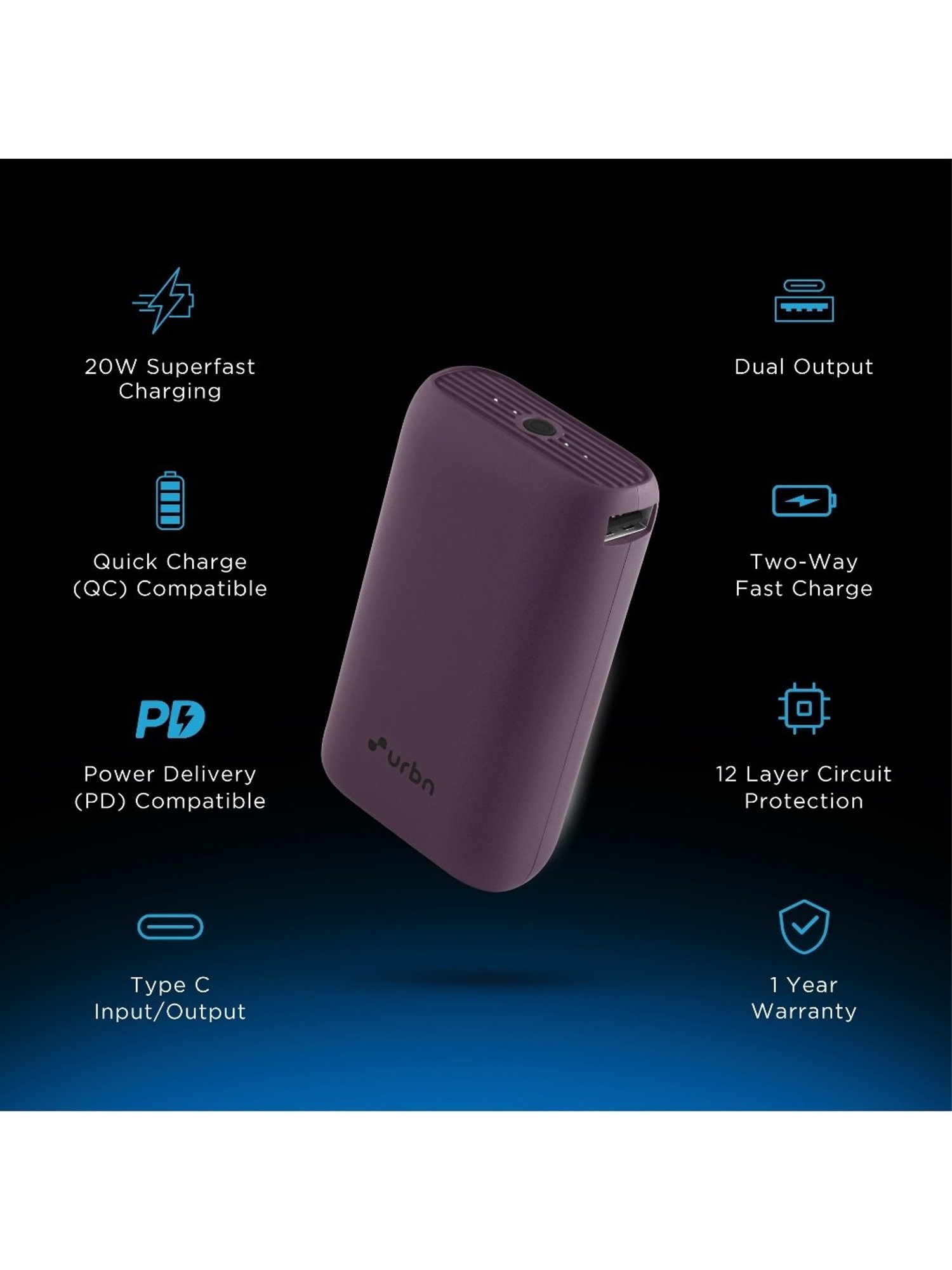 URBN 10000 mAh Nano Power Bank with Type C Input-Output (Purple)