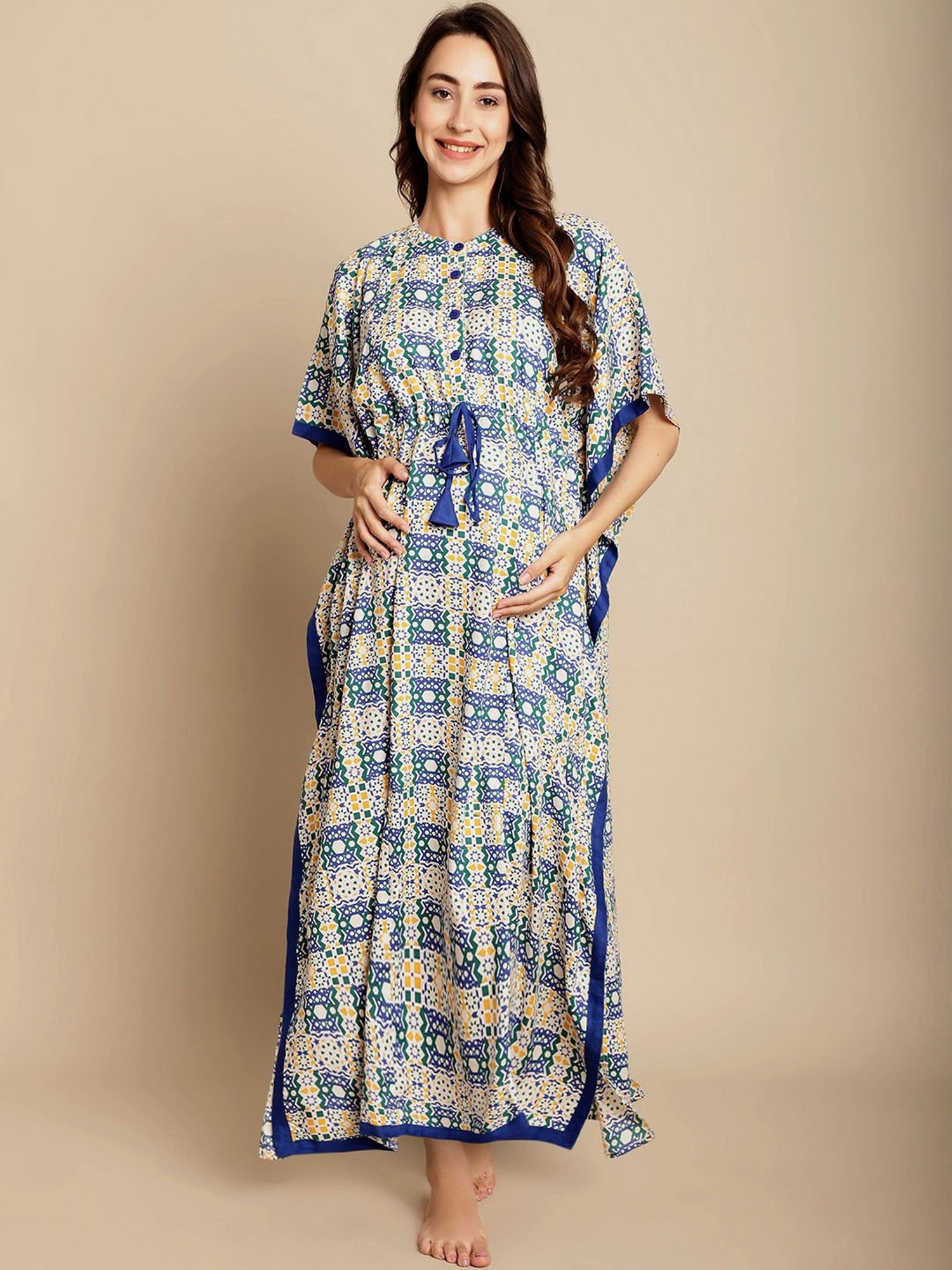 Secret Wish White & Blue Printed Maternity Kaftan Nighty