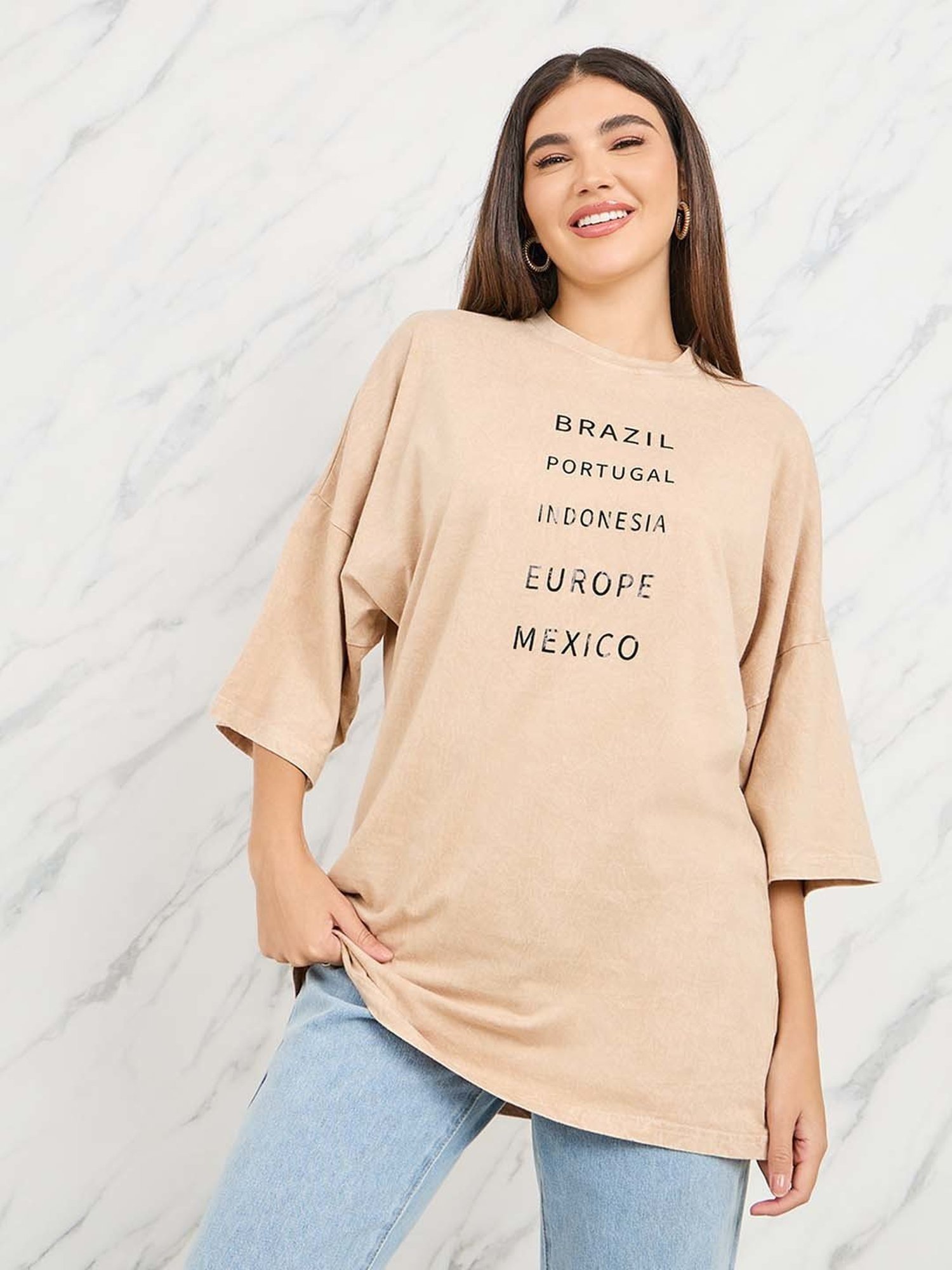 Styli Beige Cotton Printed T-Shirt